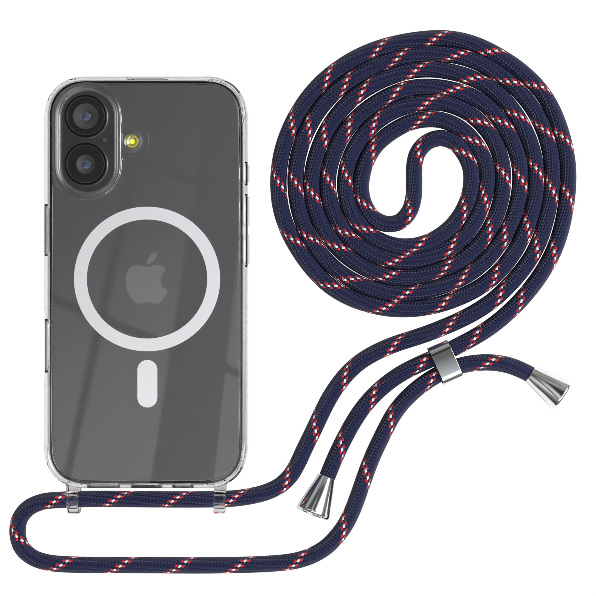 Ein Telefon in einer transparenten Hülle mit einem marineblauen und roten Seilriemen, aufgerollt. Das Telefon hat einen weißen Hintergrund.