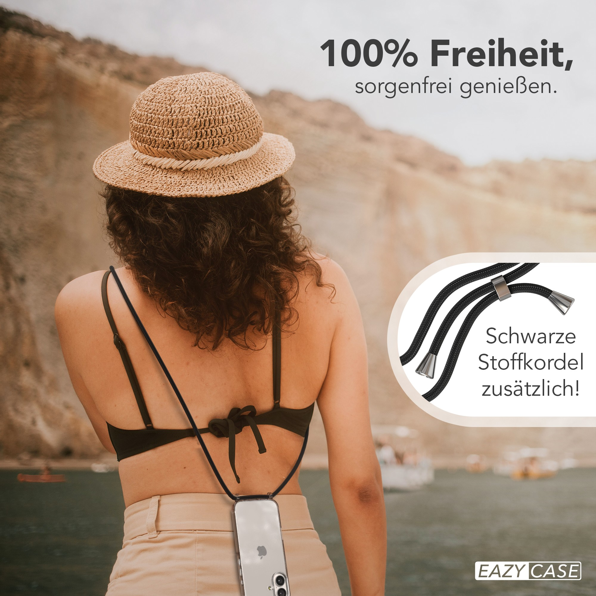 Eine Frau mit Hut und Handyhülle um den Hals. Text: '100% Freiheit'.
