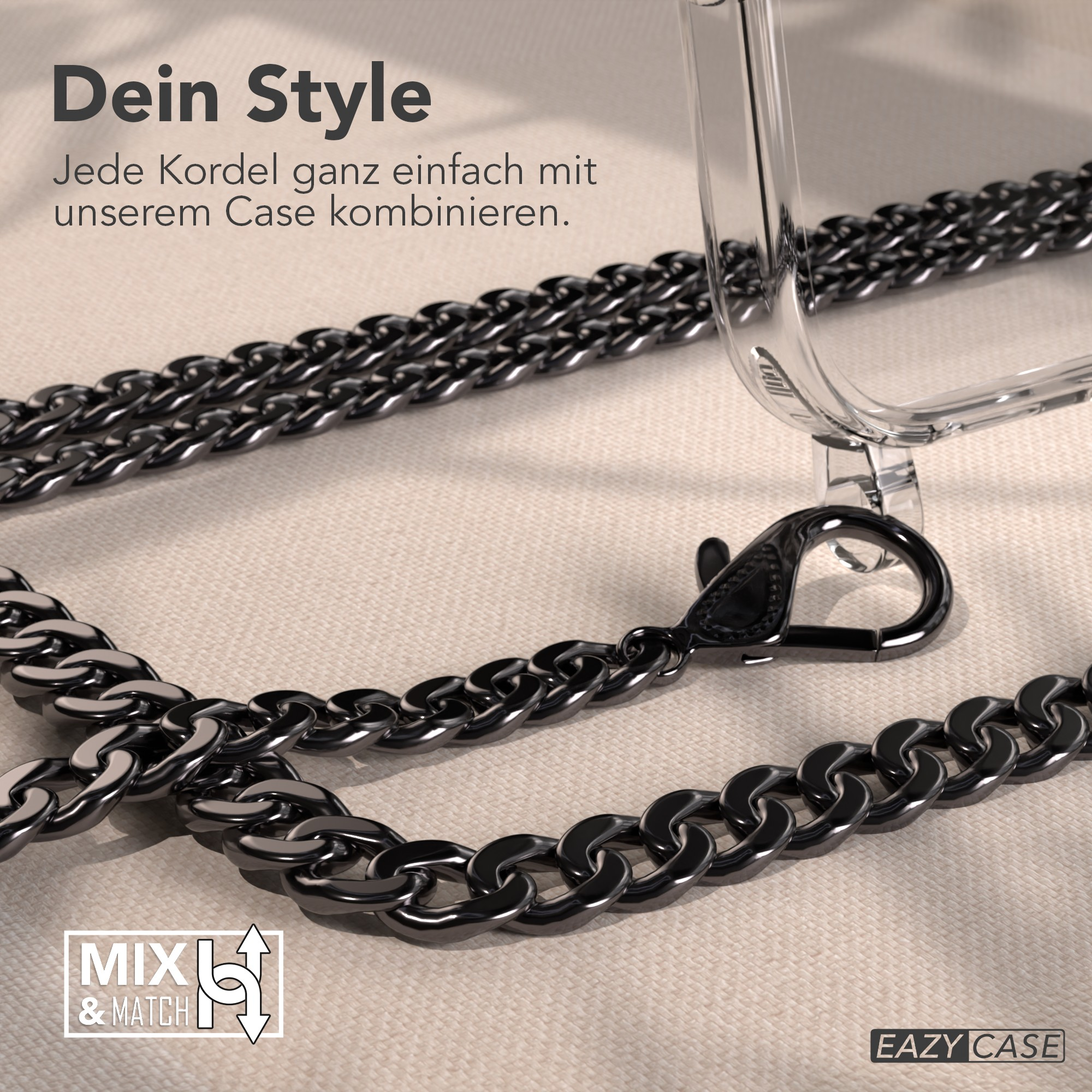 Ein Telefoncase mit schwarzer Kette. Der Hintergrund ist eine beige Oberfläche. Text: 'Dein Style' und 'EAZY CASE'.