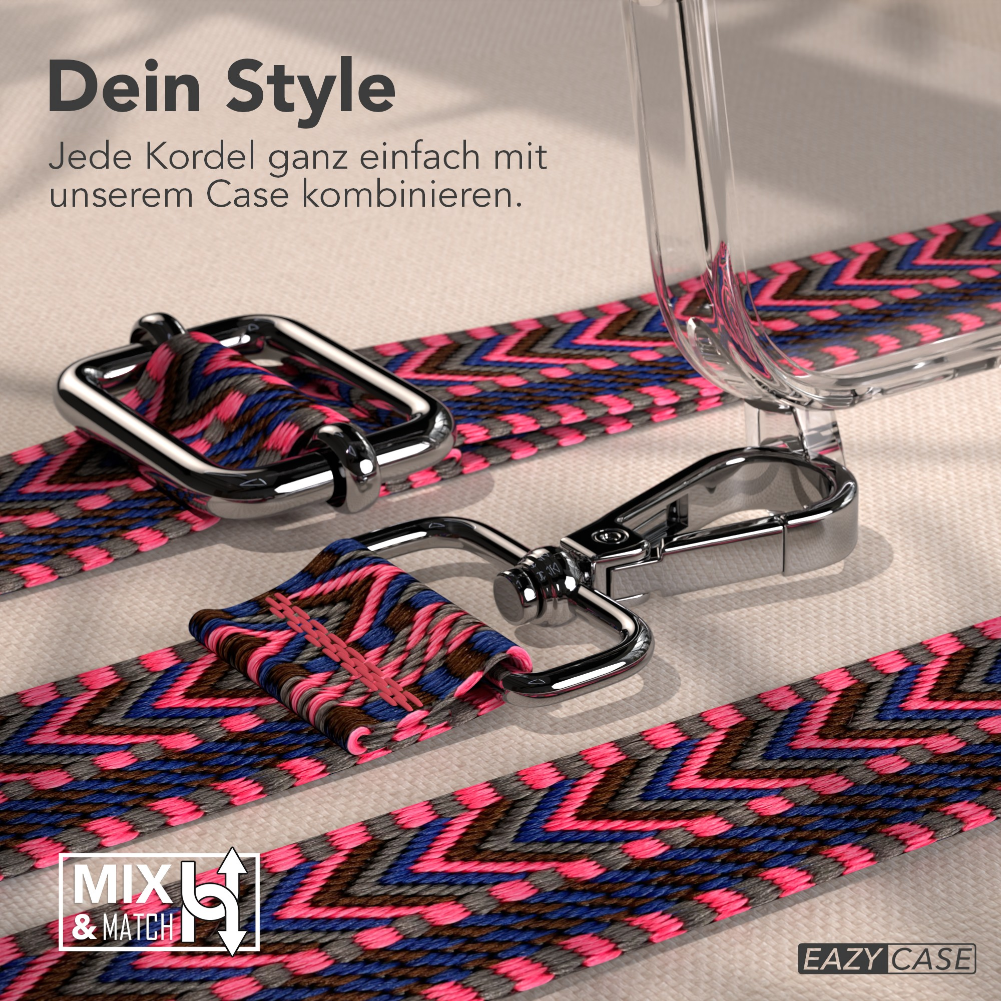 Nahaufnahme eines rosa, blauen und grauen gemusterten Riemens mit Metallverschlüssen. Eine transparente Handyhülle ist sichtbar. Text: Dein Style, Mix & Match.