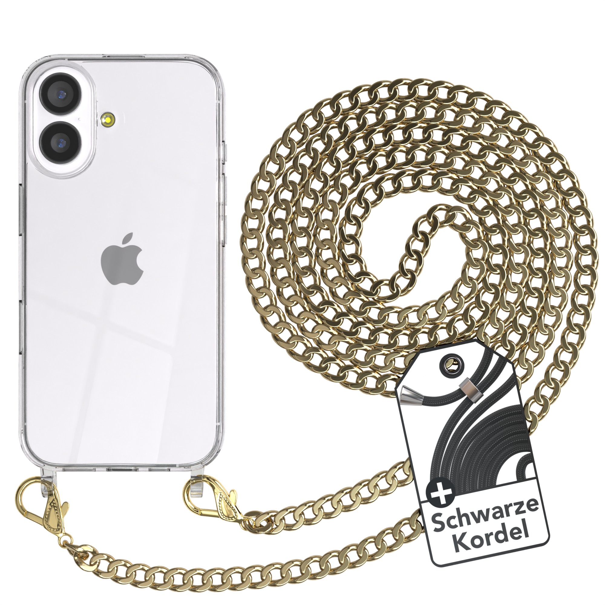 Transparente Handyhülle mit goldener Kette. Enthält ein Etikett mit 'Schwarze Kordel'.