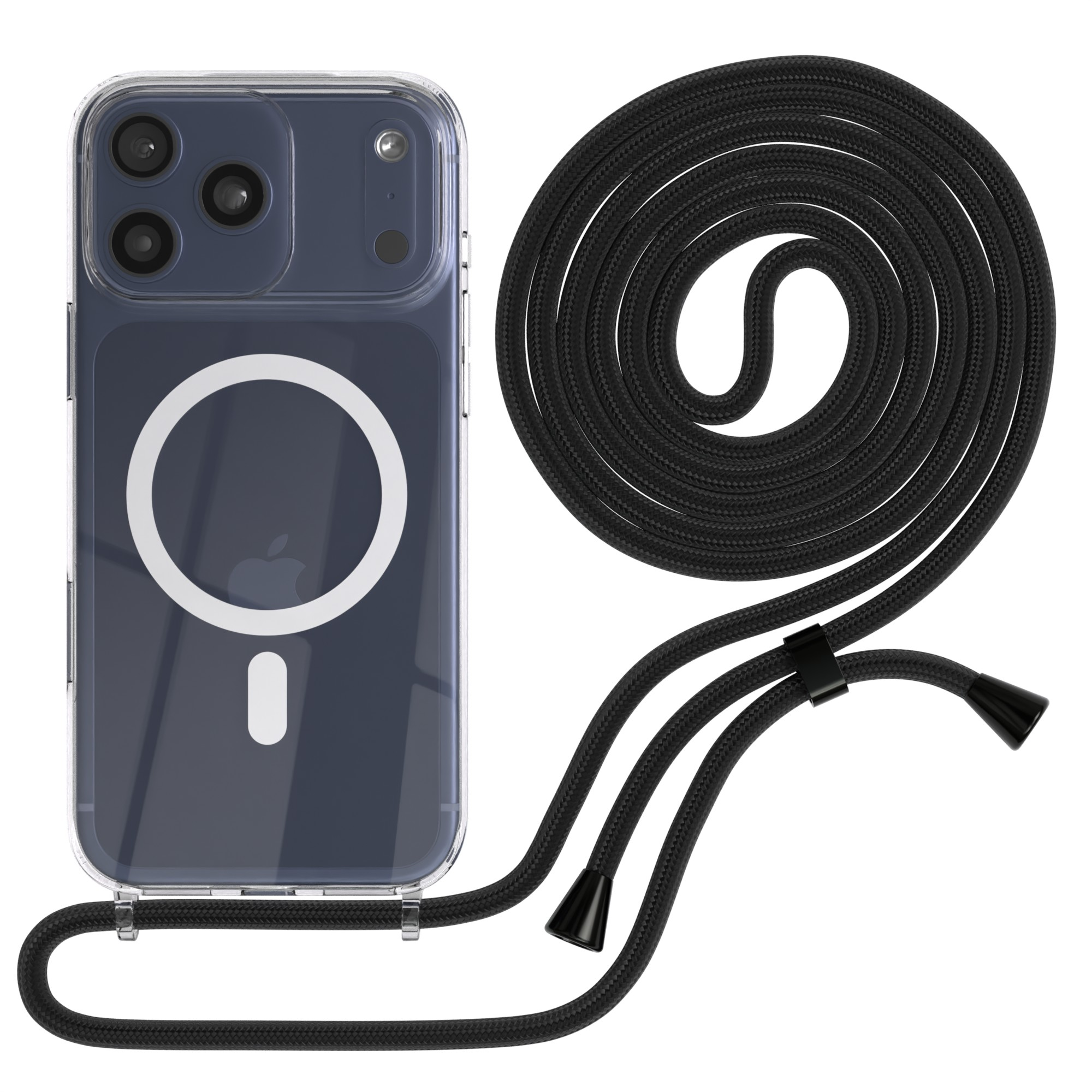 Eine Handyhülle mit schwarzem Riemen. Die Hülle ist transparent mit einem dunklen Telefon. Der Riemen ist geschlungen.