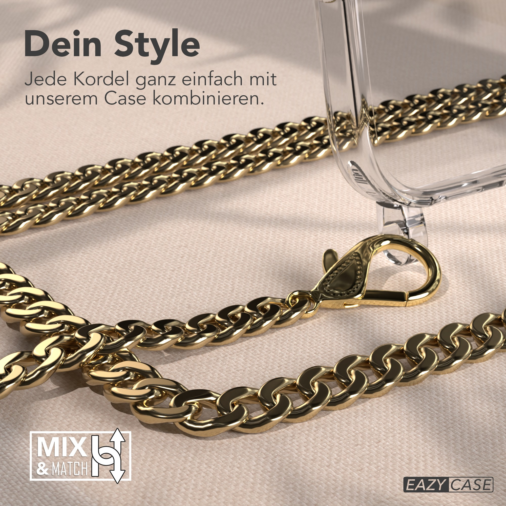 Goldkette und eine durchsichtige Handyhülle auf einer strukturierten cremefarbenen Oberfläche. Text: 'Dein Style'.