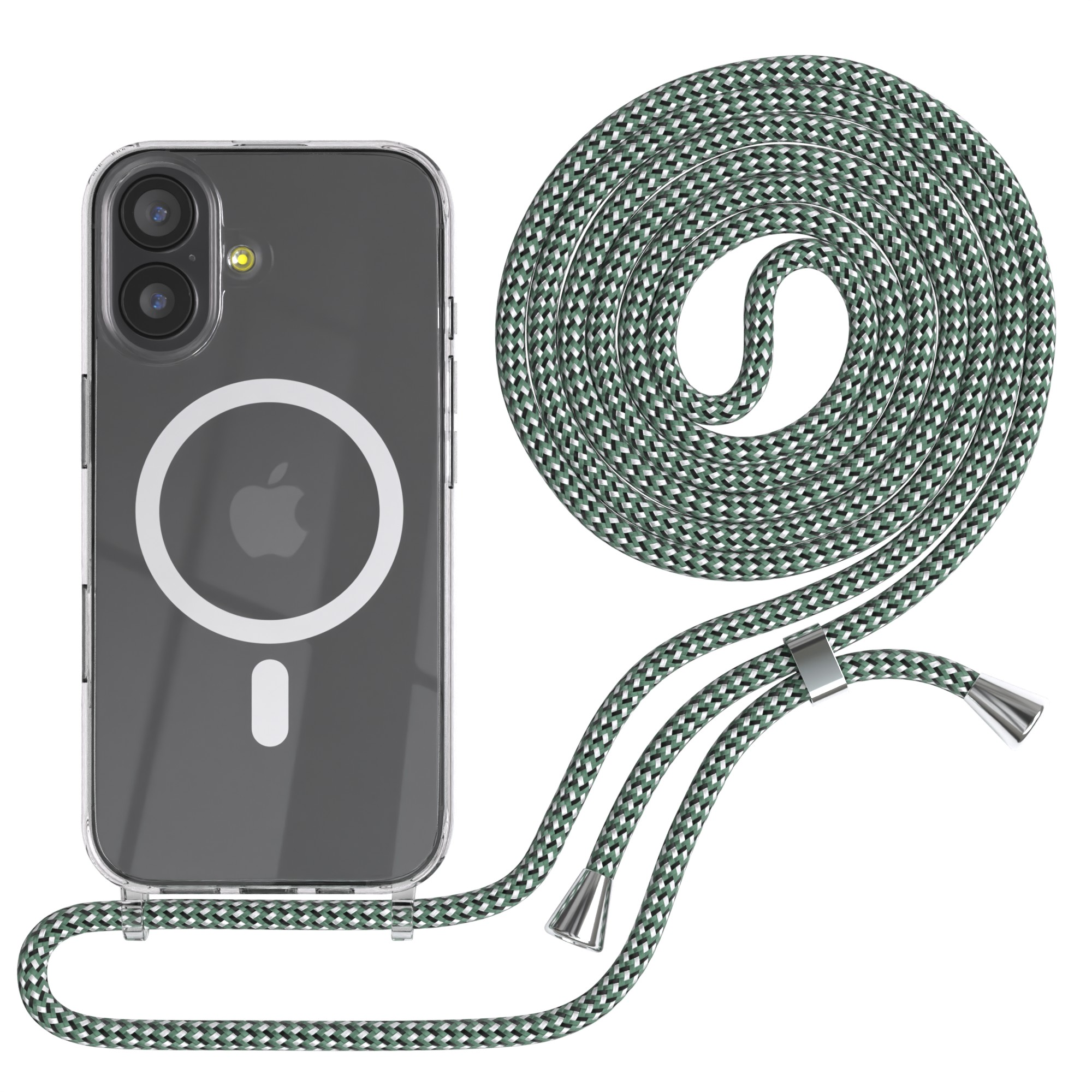 Ein durchsichtiges iPhone-Case mit grün-weißem Umhängeband. Das Telefon ist sichtbar, das Band ist aufgerollt.