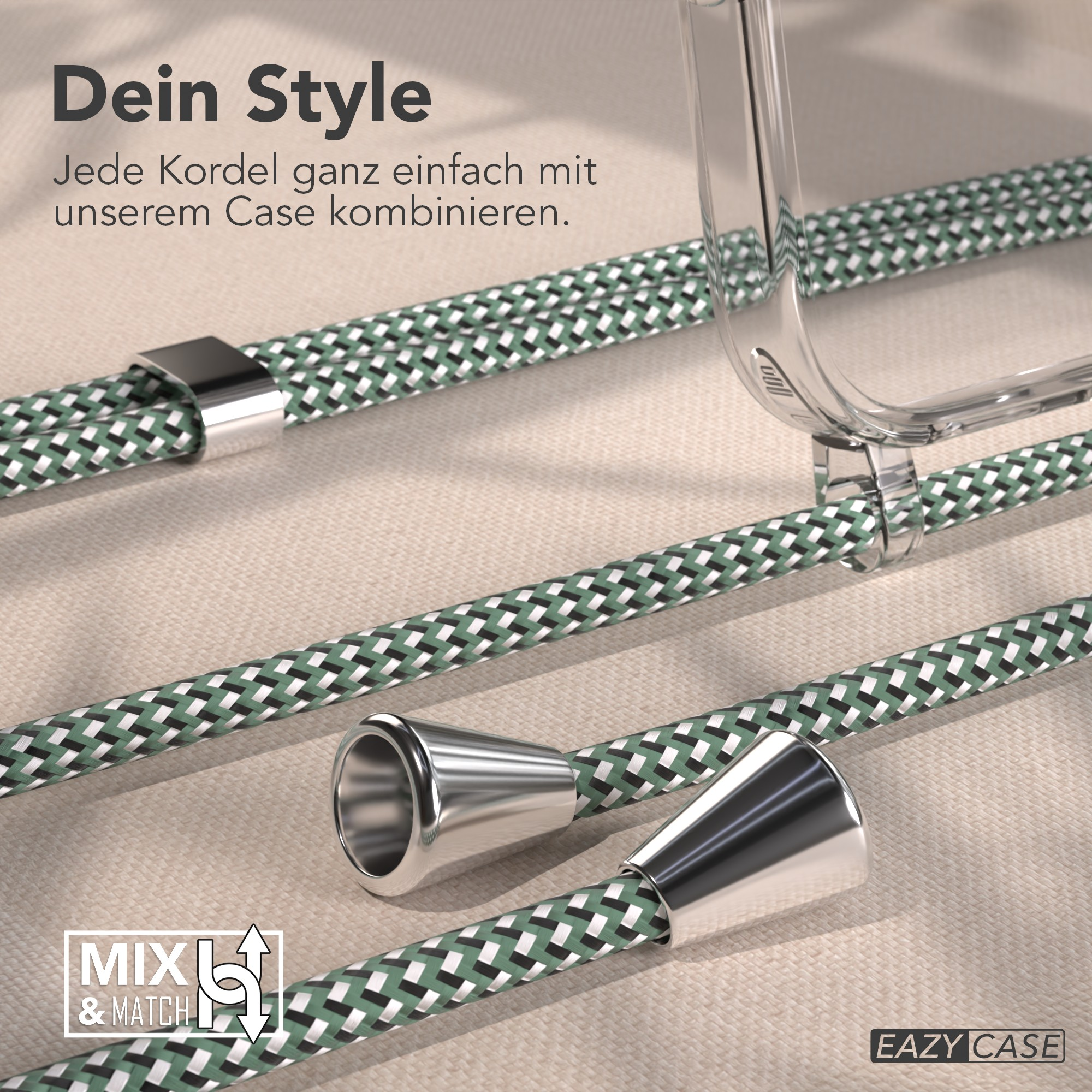 Das Bild zeigt grün-weiße Kordeln mit silbernen Enden und eine Handyhülle. Der Text lautet 'Dein Style' und 'Mix & Match'.