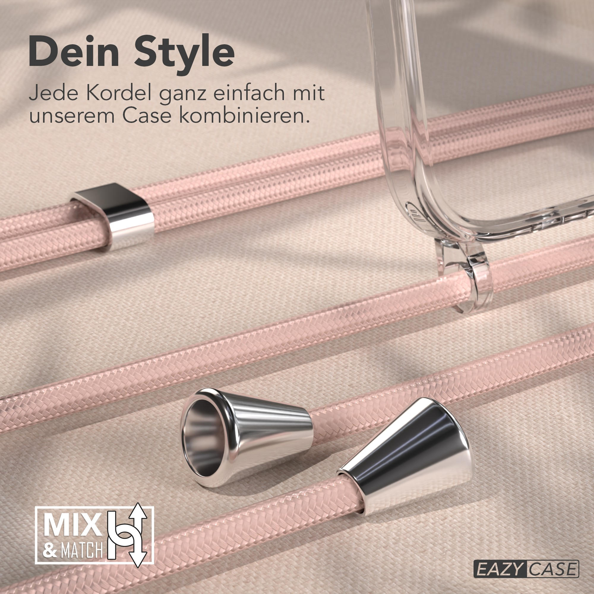 Rosa Kordeln mit silbernen Akzenten und eine transparente Handyhülle. Text 'Dein Style' und 'MIX & MATCH'.