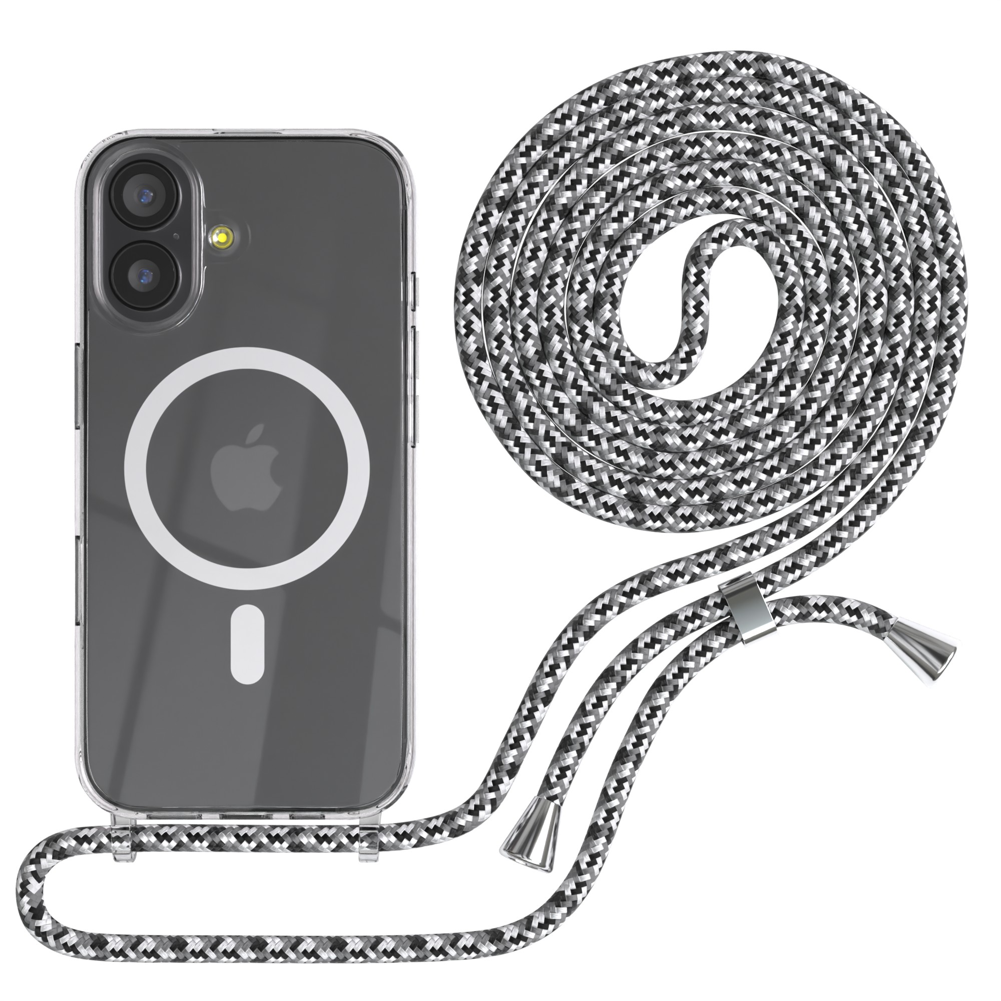 Ein klares iPhone-Gehäuse mit einem geflochtenen schwarzen und grauen Schlüsselband. Das Telefon hat einen weißen Kreis und ein Apple-Logo. Weißer Hintergrund.