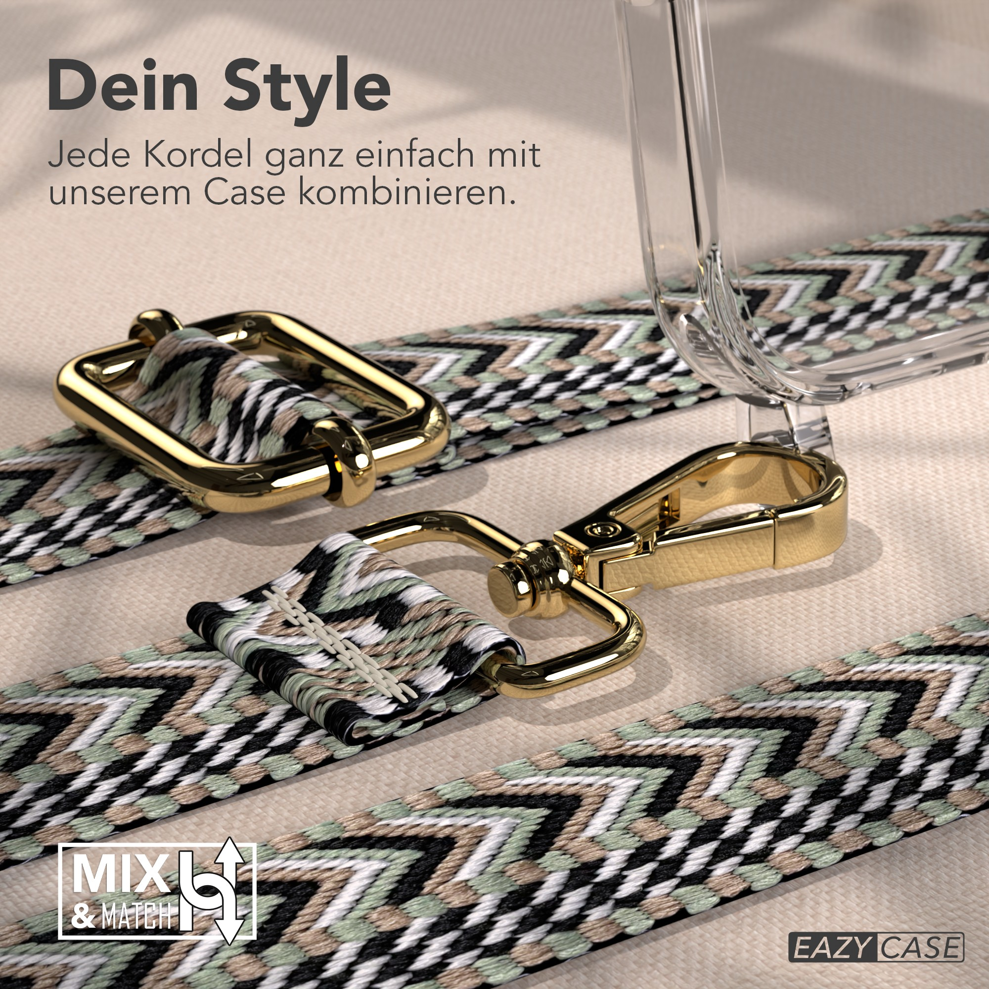 Goldverschlüsse und -riemen mit einem Muster aus Schwarz, Weiß, Grün und Beige. Eine klare Handyhülle ist sichtbar.