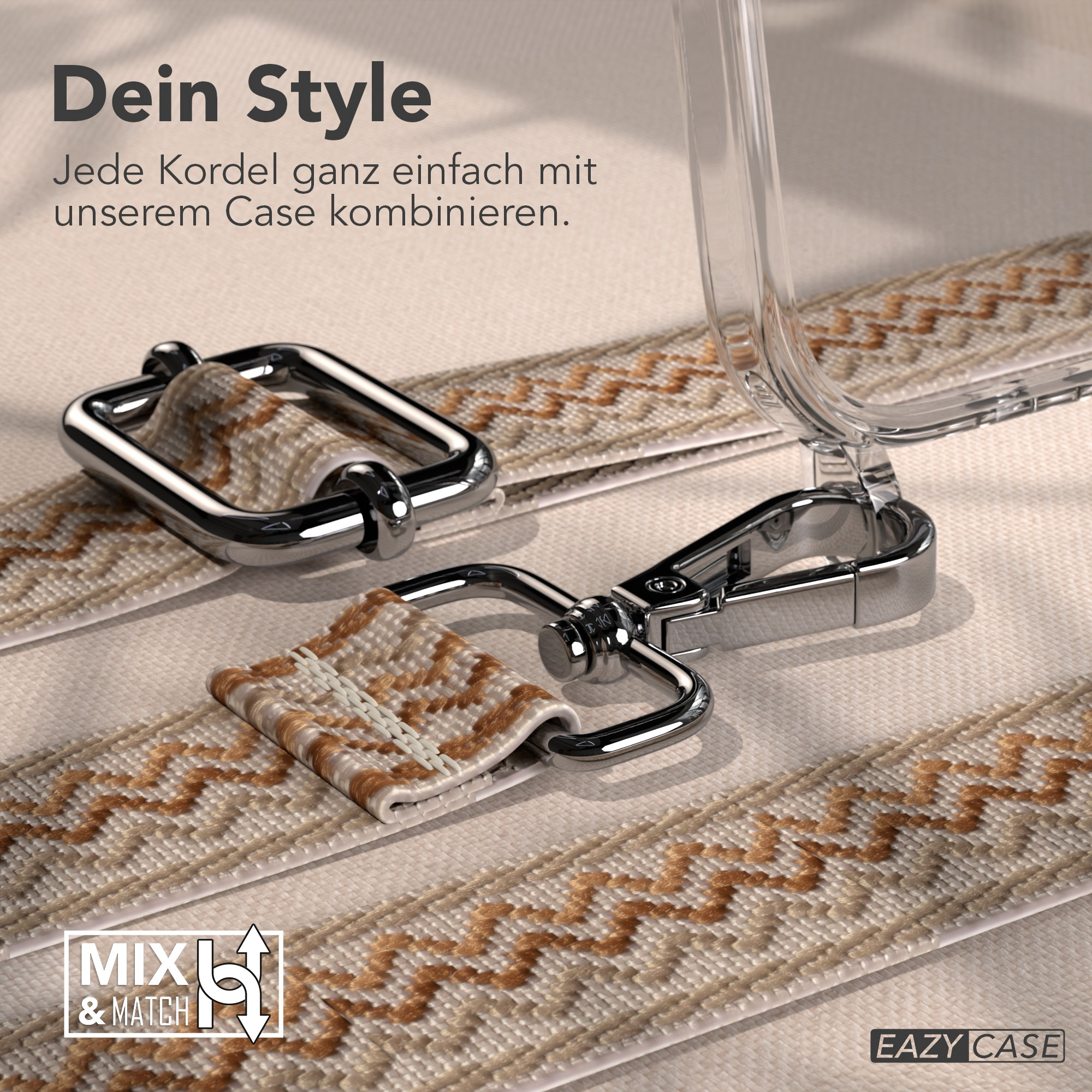 Eine klare Handyhülle mit einem Riemen. Der Riemen ist beige mit braunen Mustern. Metallverschlüsse verbinden den Riemen mit der Hülle.