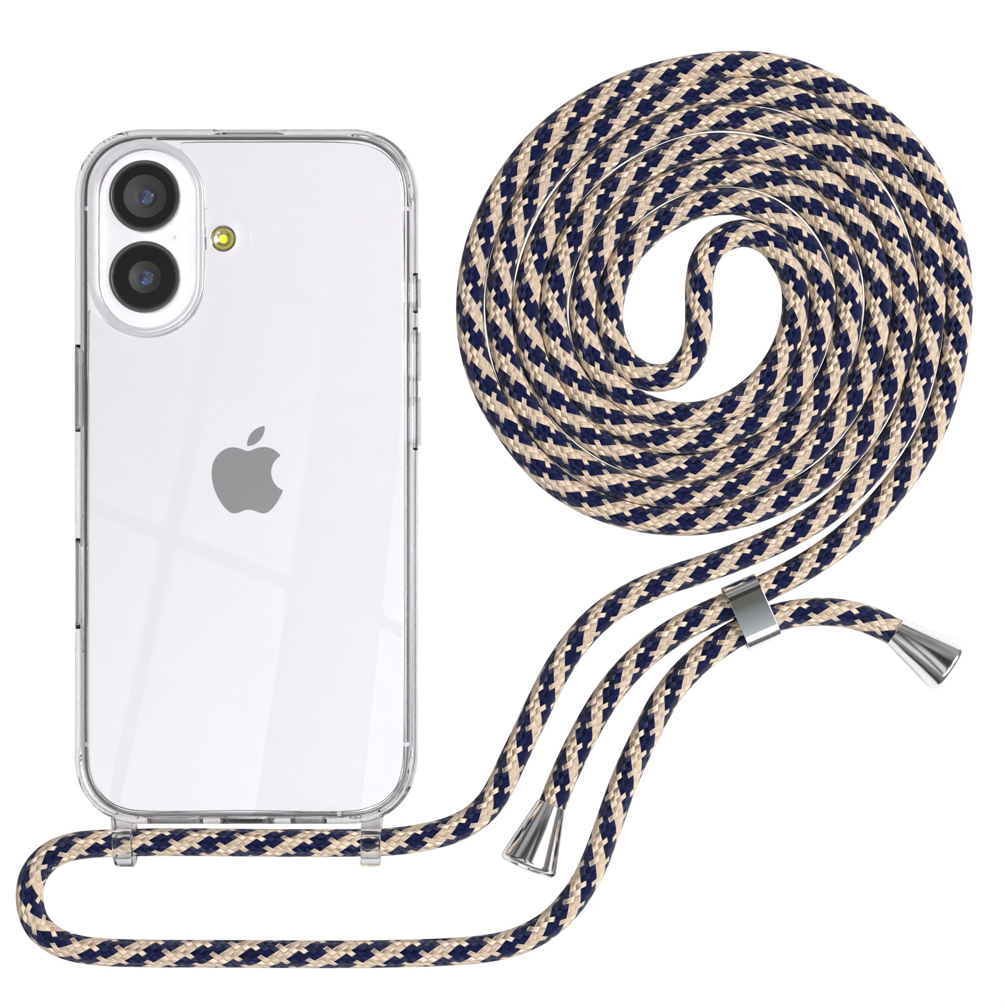 Eine transparente Handyhülle mit einem Lanyard. Das Lanyard ist beige und marineblau. Das Telefon hat ein silbernes Apple-Logo.