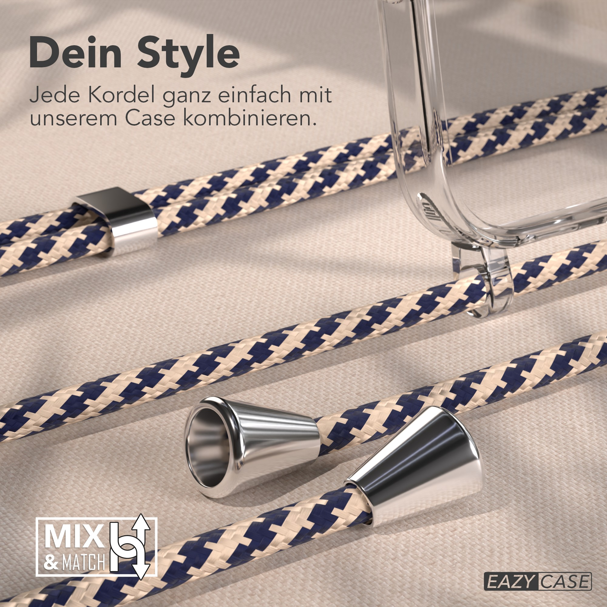 Das Bild zeigt eine klare Handyhülle, marine- und beigefarbene Kordeln und silberne Metallstücke mit deutschem Text.