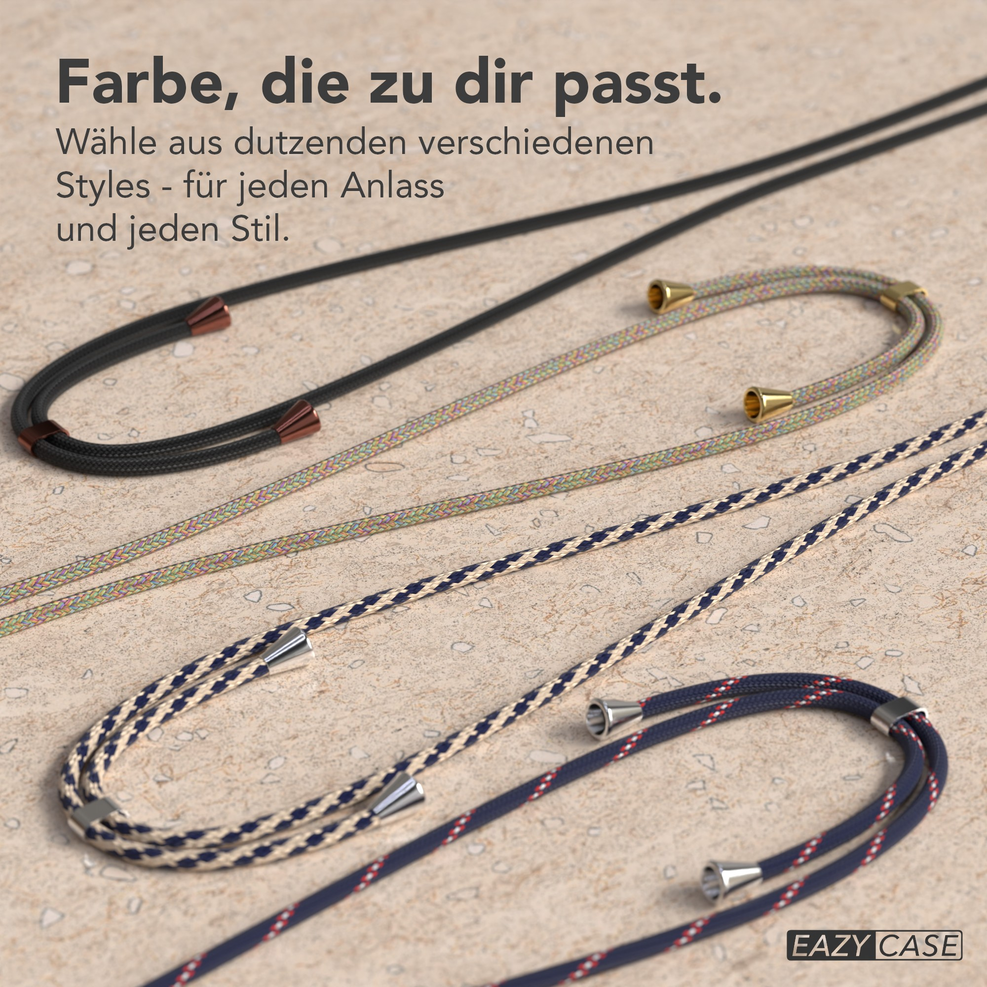 Das Bild zeigt mehrere Telefon-Lanyards in verschiedenen Farben und Mustern auf strukturiertem Hintergrund. Der Markenname ist sichtbar.