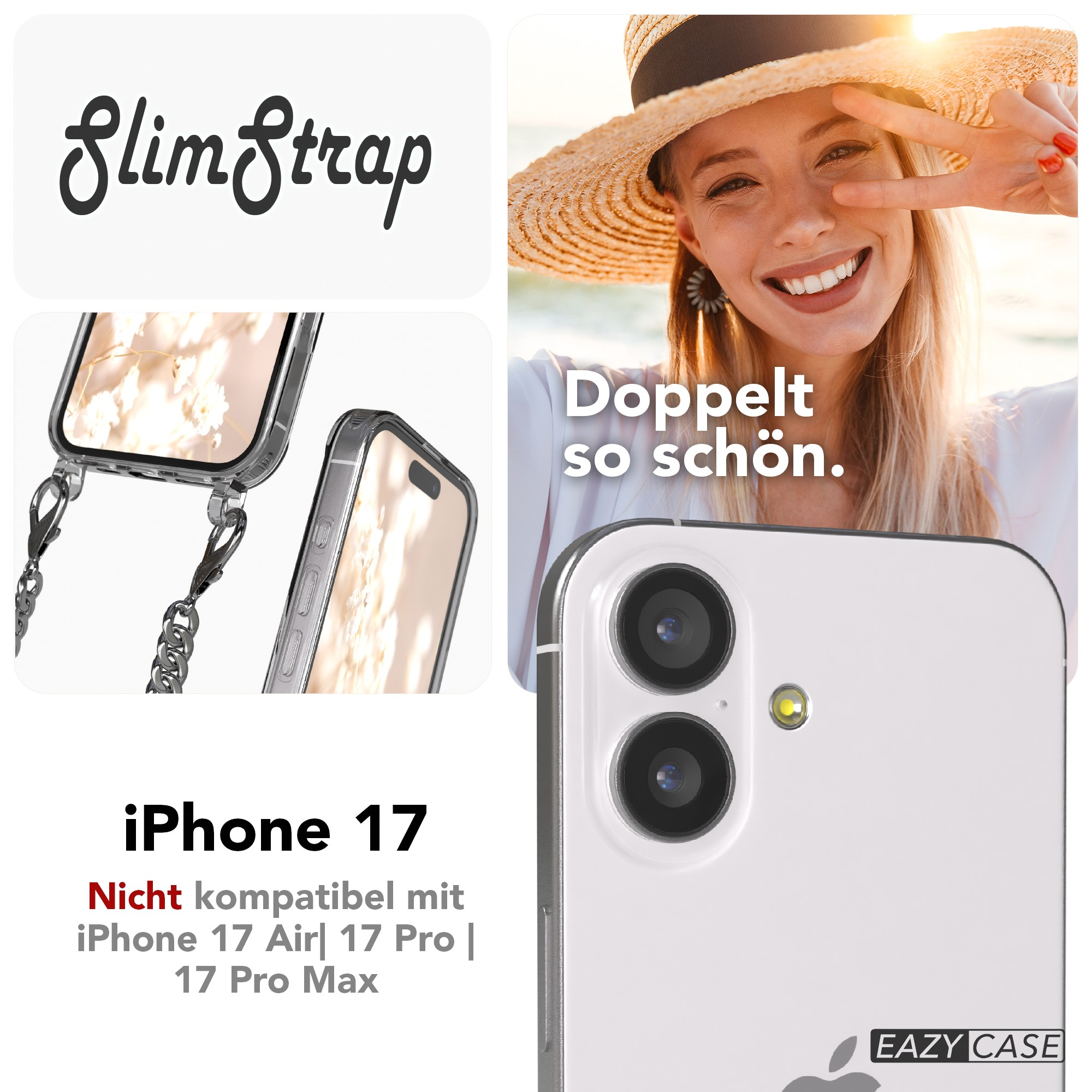 Das Bild wirbt für eine Handyhülle mit Riemen. Eine Frau mit Hut lächelt. Text sagt 'iPhone 17', nicht kompatibel.