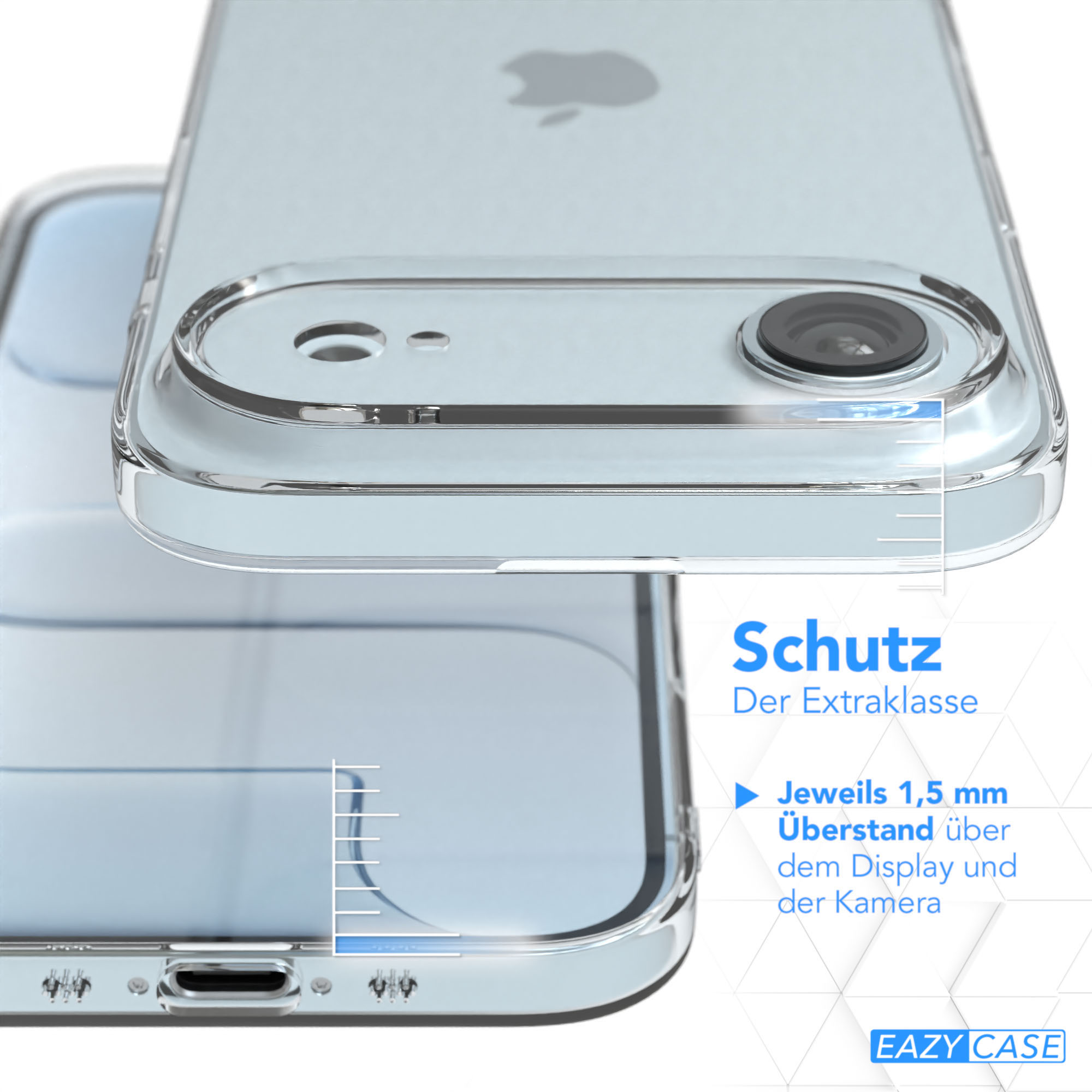 Eine klare Handyhülle über einem Telefon. Die Hülle hat einen Kameraausschnitt und das Apple-Logo ist sichtbar.
