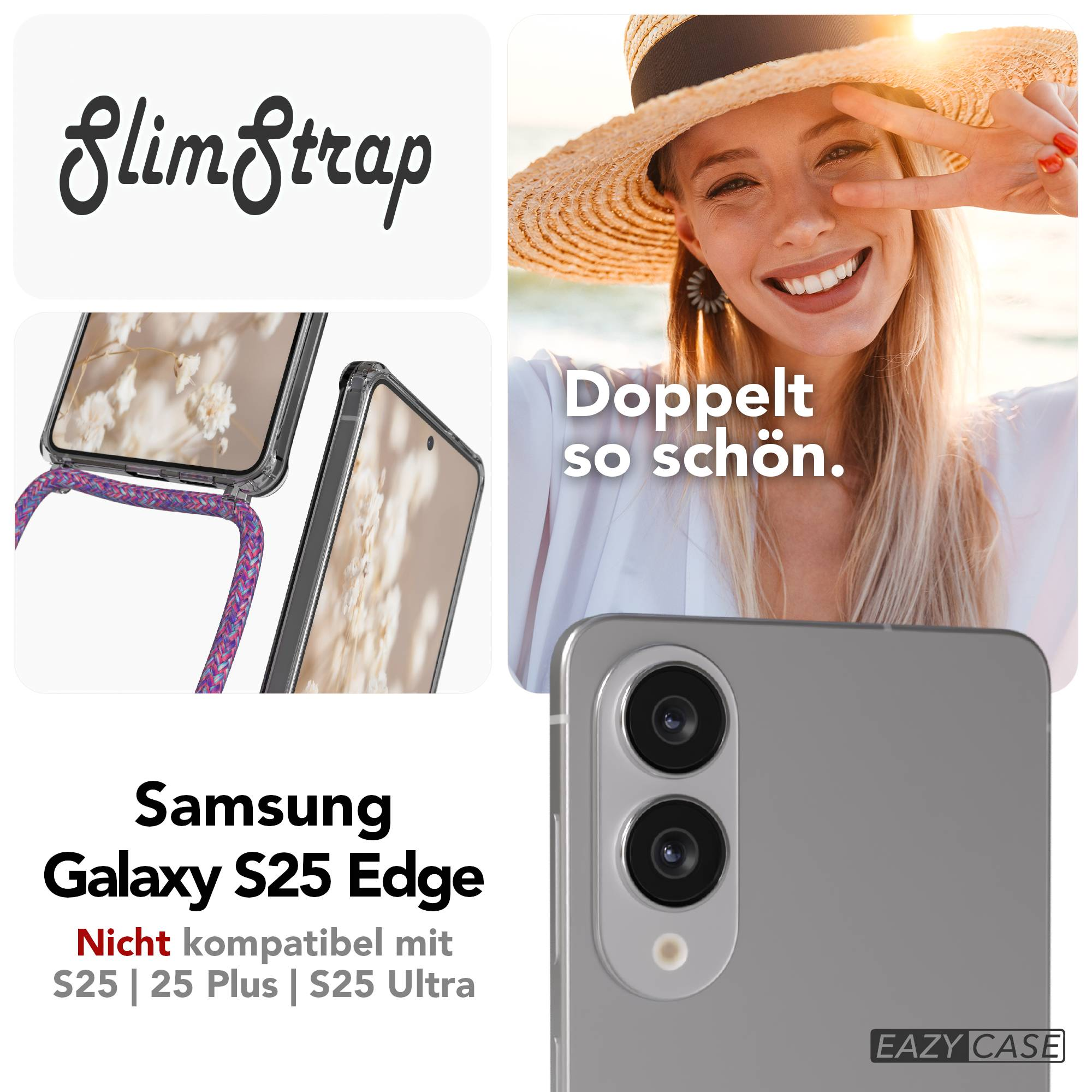 Bild mit Text 'SlimStrap', eine Frau mit Friedenszeichen, Telefon und Text über eine Samsung-Handyhülle.