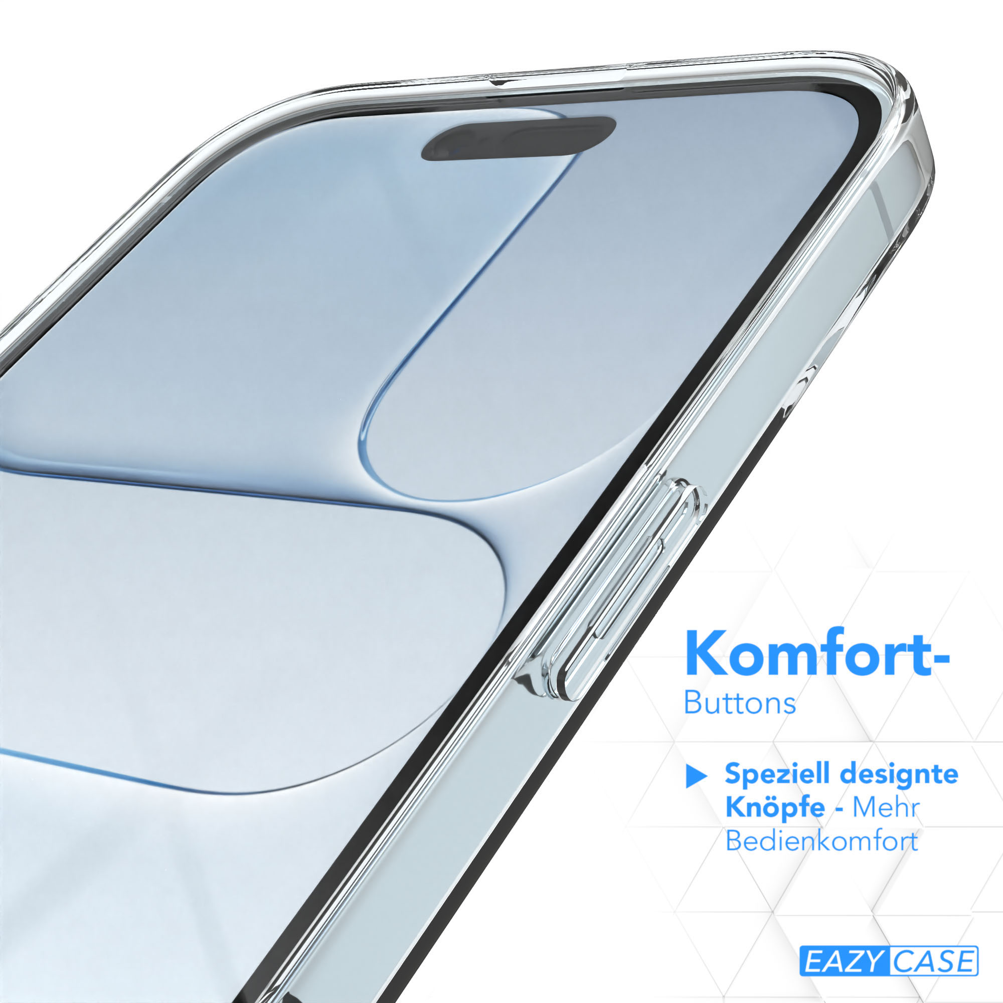 Eine transparente Handyhülle zeigt ein Telefon mit Knöpfen. Text: Komfort-Buttons und EAZY CASE Logo.