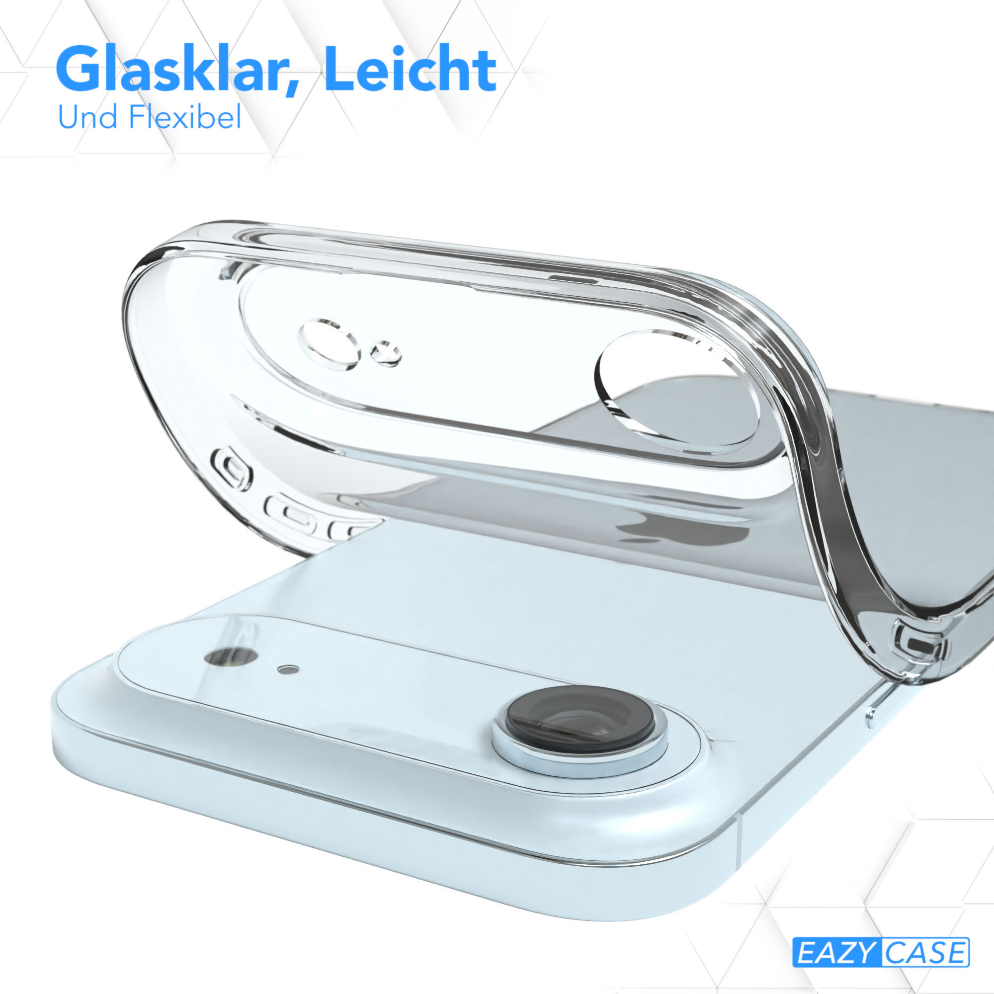 Eine transparente Handyhülle wird angehoben. Das Telefon ist hellblau. Oben steht 'Glaslar, Leicht, Und Flexibel'.