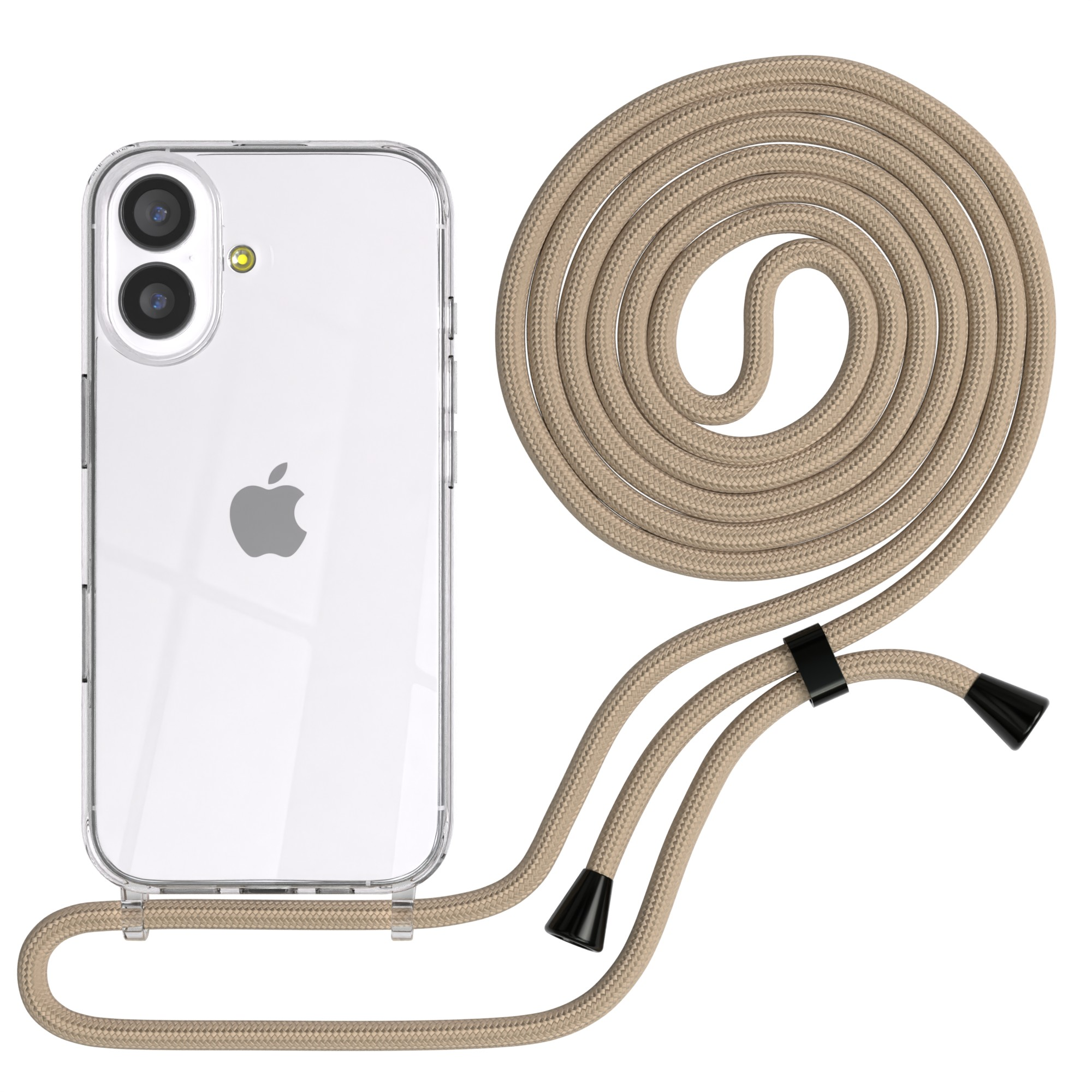Eine klare Handyhülle mit beigem Umhängeband. Das Band ist aufgerollt. Das Telefon hat ein silbernes Apple-Logo.