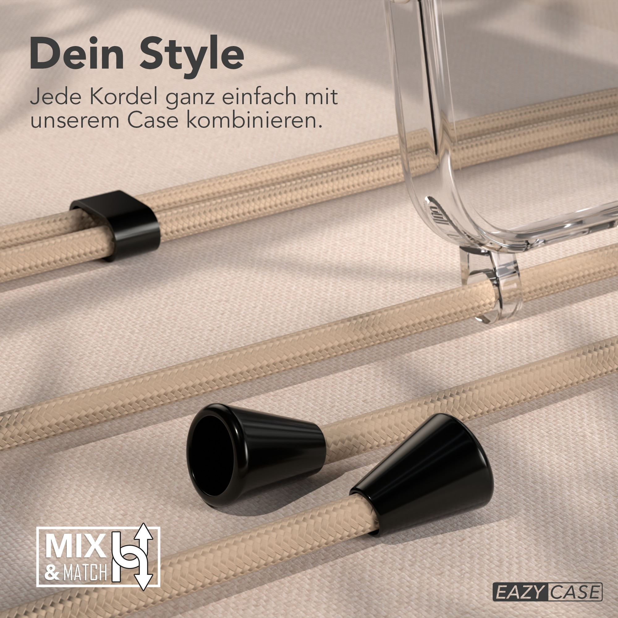 Das Bild zeigt Handykabel mit schwarzen Steckern und eine transparente Handyhülle. Text: 'Dein Style' und 'Mix & Match'.