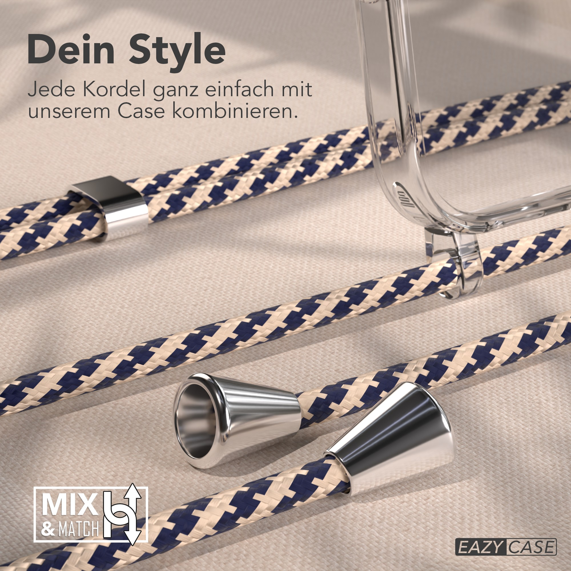 Das Bild zeigt eine Handyhülle mit einem Seilriemen mit blauem und weißem Muster. Metallringe und ein Logo sind sichtbar.