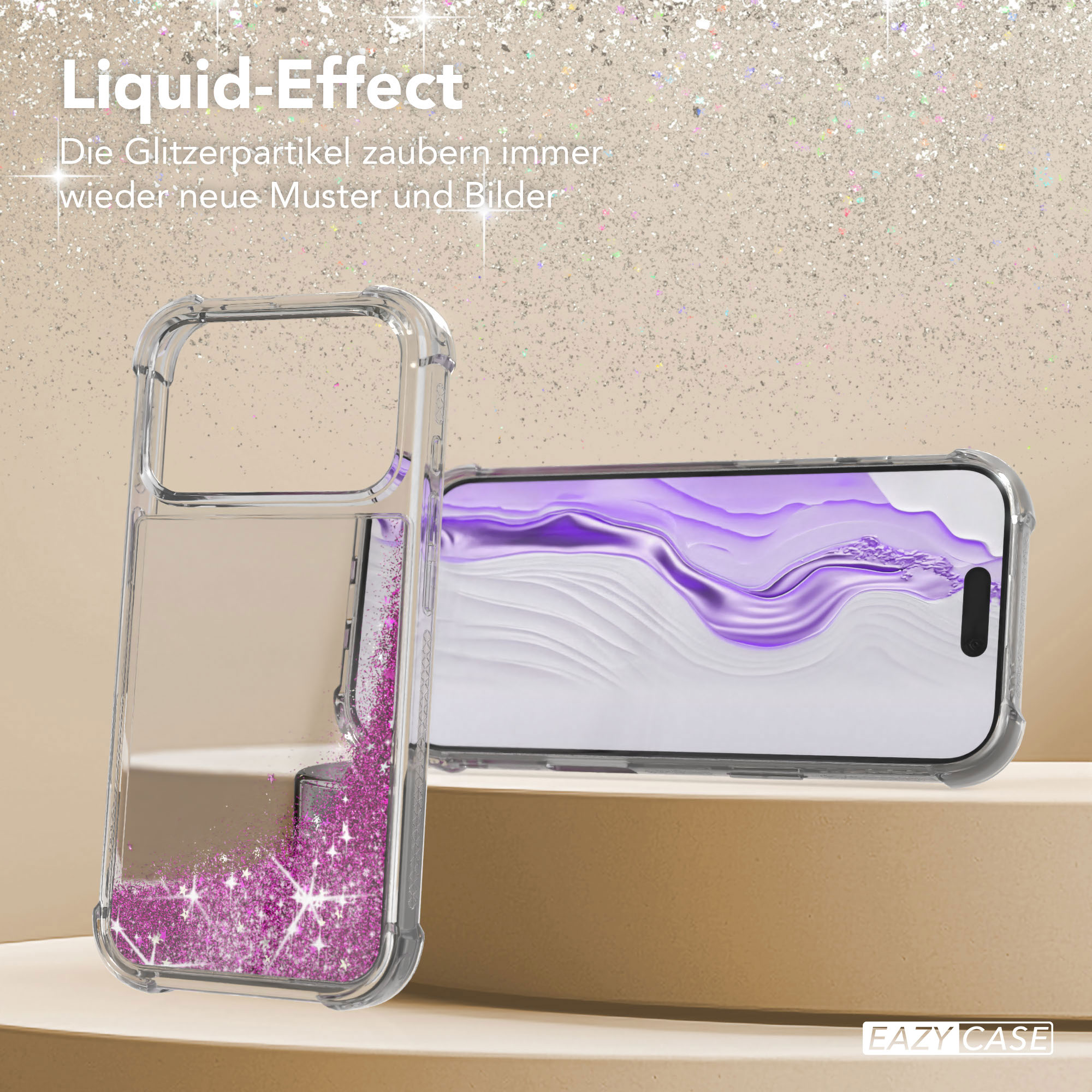 Transparente Handyhülle mit pinkfarbenem Glitzer, Telefon mit lila Bildschirm auf goldenem Hintergrund.