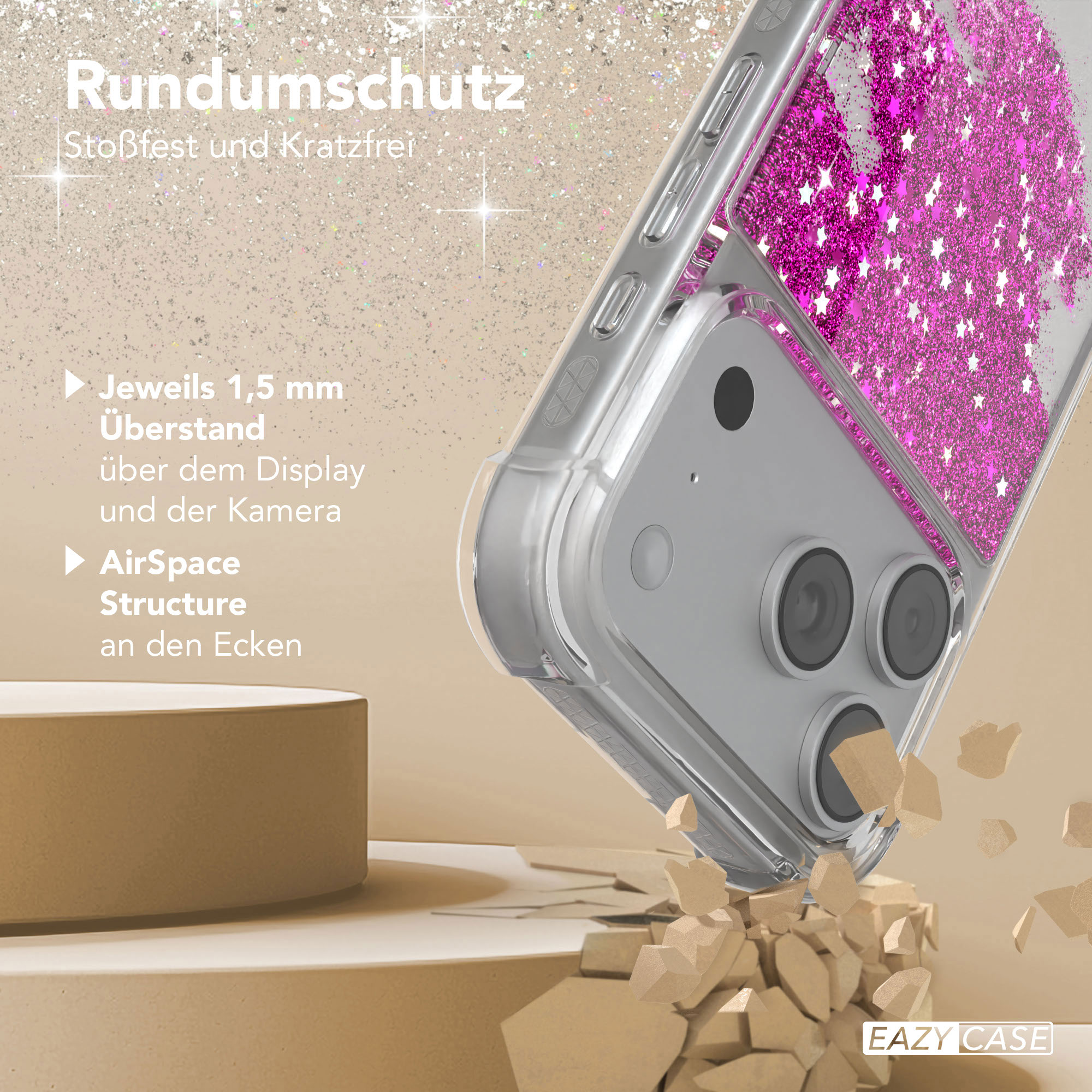 Eine Handyhülle mit rosa Glitzer und weißen Sternen wird gezeigt. Sie liegt auf einer beigen Oberfläche mit Bruchstücken.