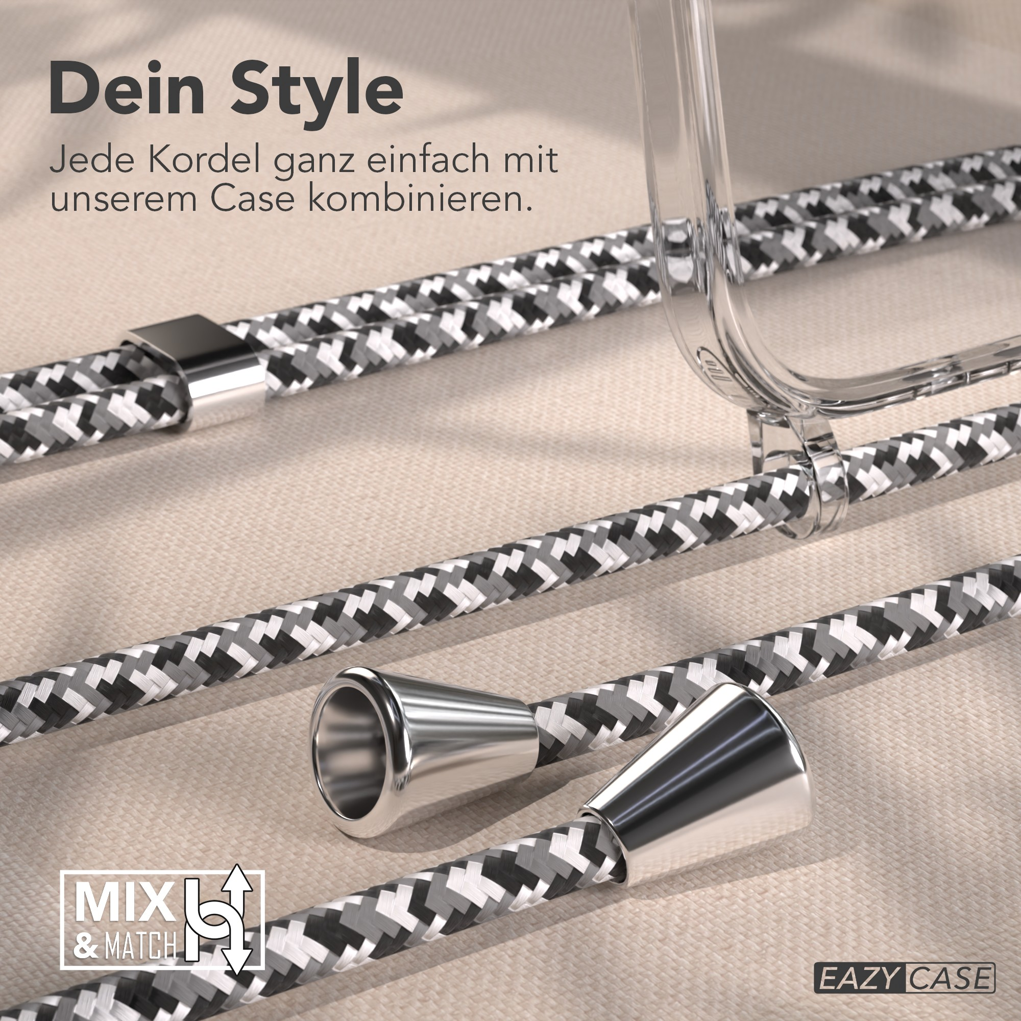 Nahaufnahme einer Handyhülle mit stilvollen Schnüren in Schwarz, Weiß und Grau. Enthält das Logo 'Mix & Match'.