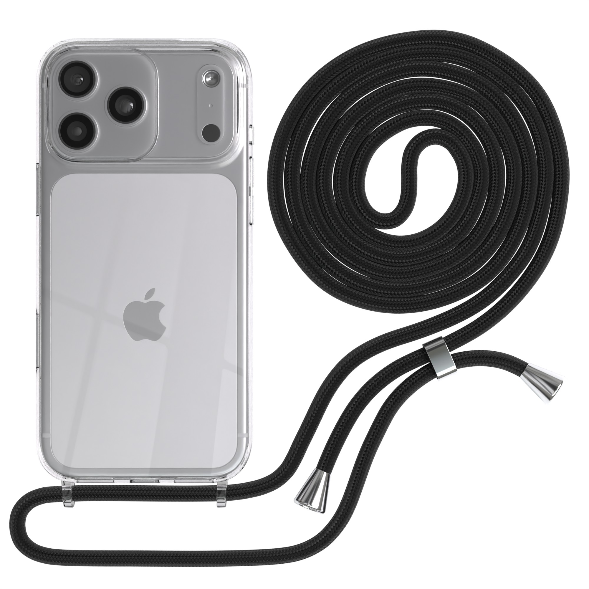 Transparente Handyhülle mit Lanyard. Die Hülle links. Das schwarze Lanyard rechts.