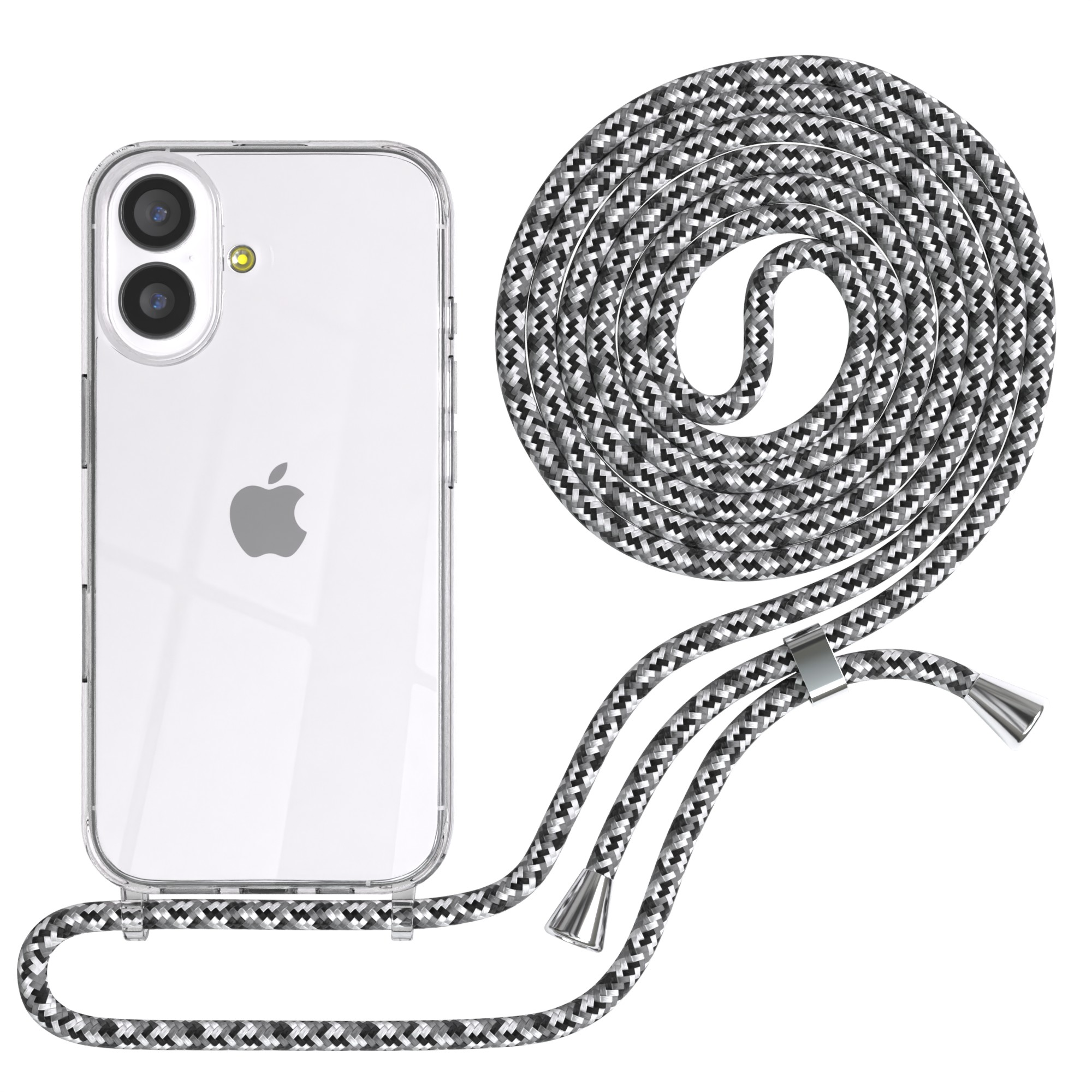 Eine transparente Handyhülle mit einem grau-weiß geflochtenen Kabel. Das Apple-Logo ist sichtbar. Das Kabel ist aufgerollt.