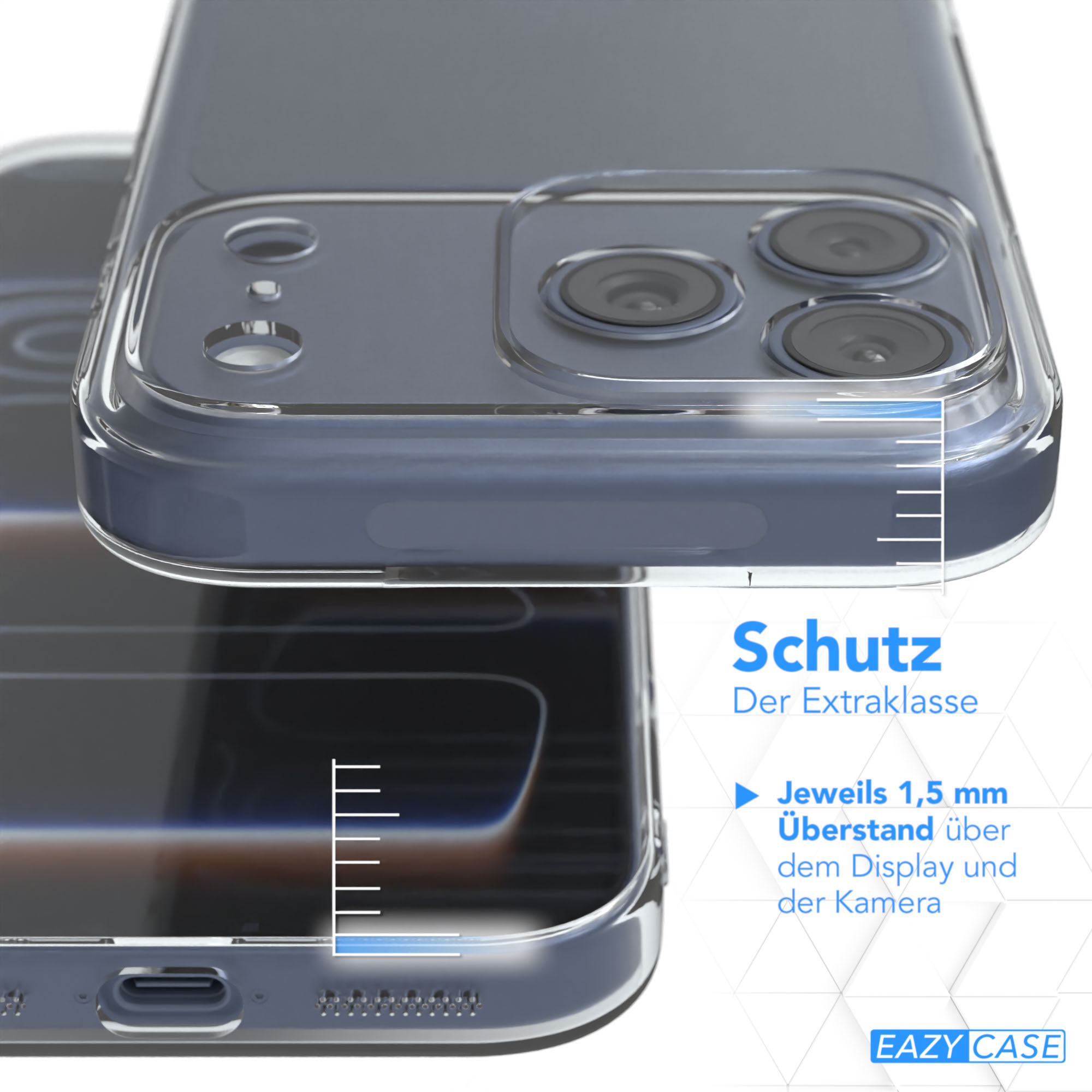 Eine klare Handyhülle zeigt ein Handy. Text auf Deutsch sagt Schutz. Die Hülle hat erhöhte Kanten.