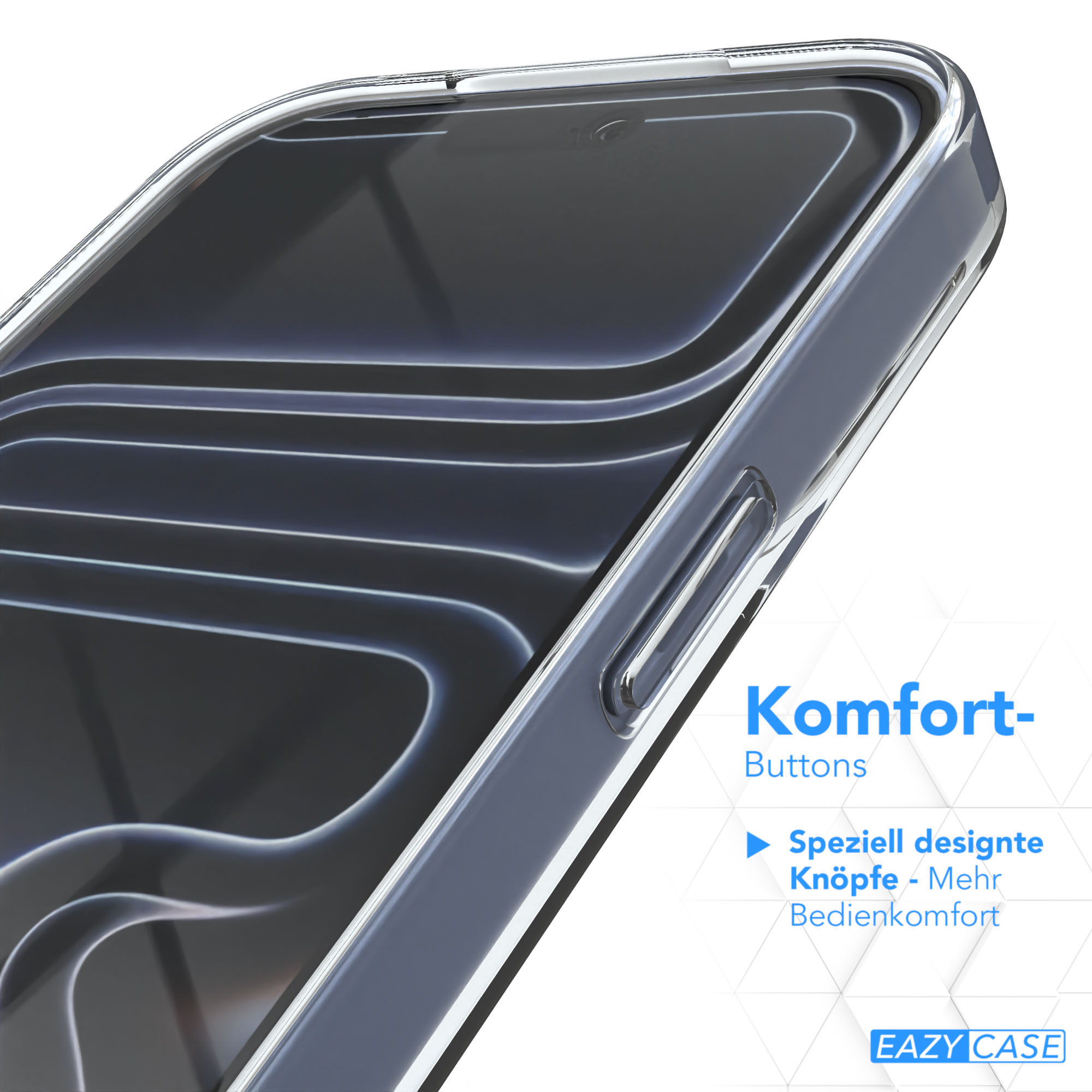 Transparente Handyhülle. Das Bild zeigt das Design der Hülle mit Komforttasten und dem Eazy Case-Logo.