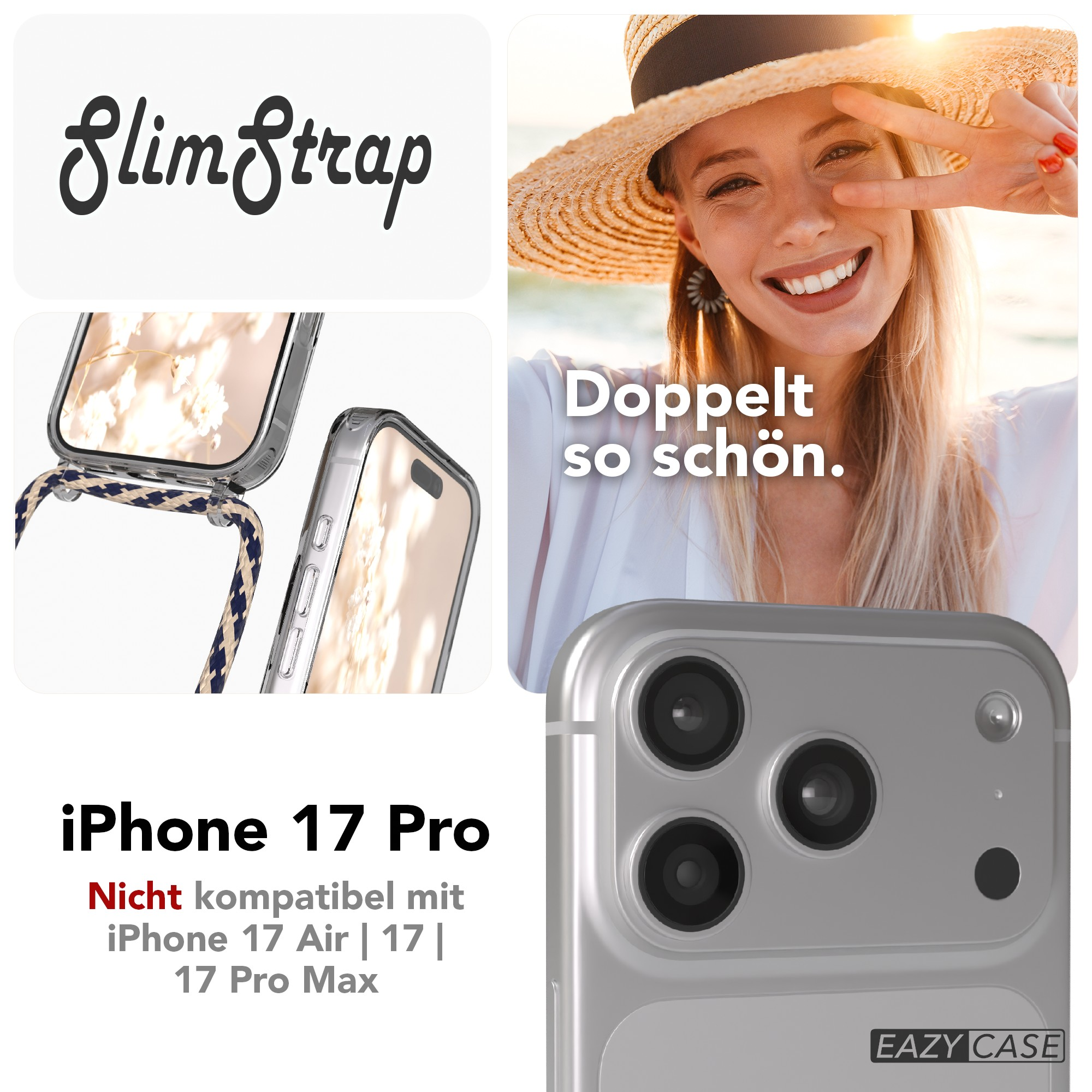 Bild mit Text 'SlimStrap', Frau mit Friedenszeichen, iPhone-Hülle und Kamera, mit Text 'Doppelt so schön.'