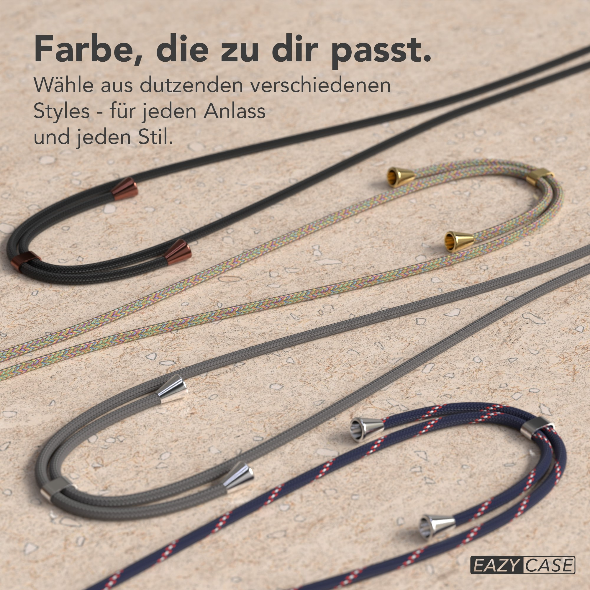 Das Bild zeigt Handystraps in Schwarz, Grau und Blau. Text: 'Farbe, die zu dir passt'.