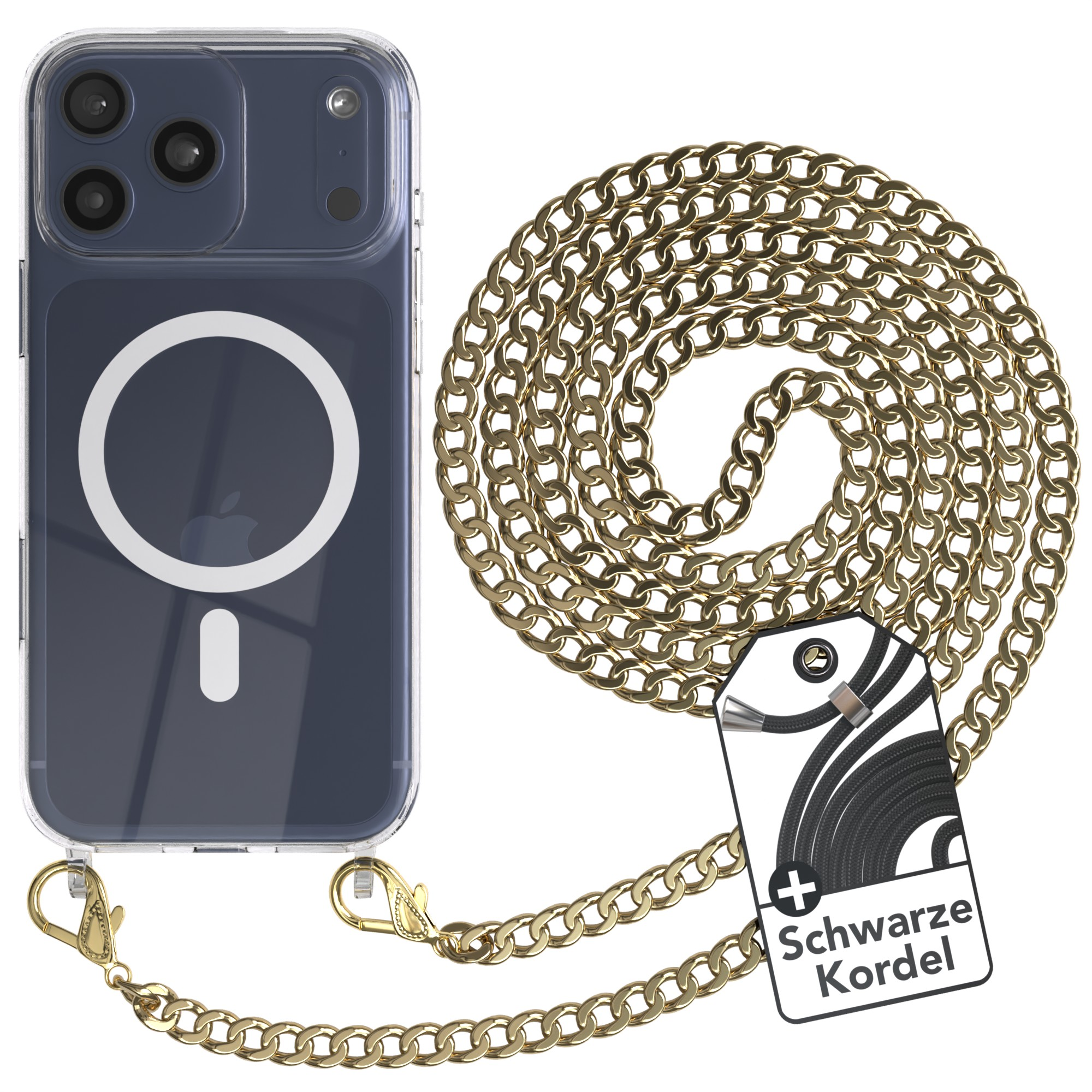 Transparente Handyhülle mit goldener Kette. Ein Etikett mit 'Schwarze Kordel' ist angebracht.