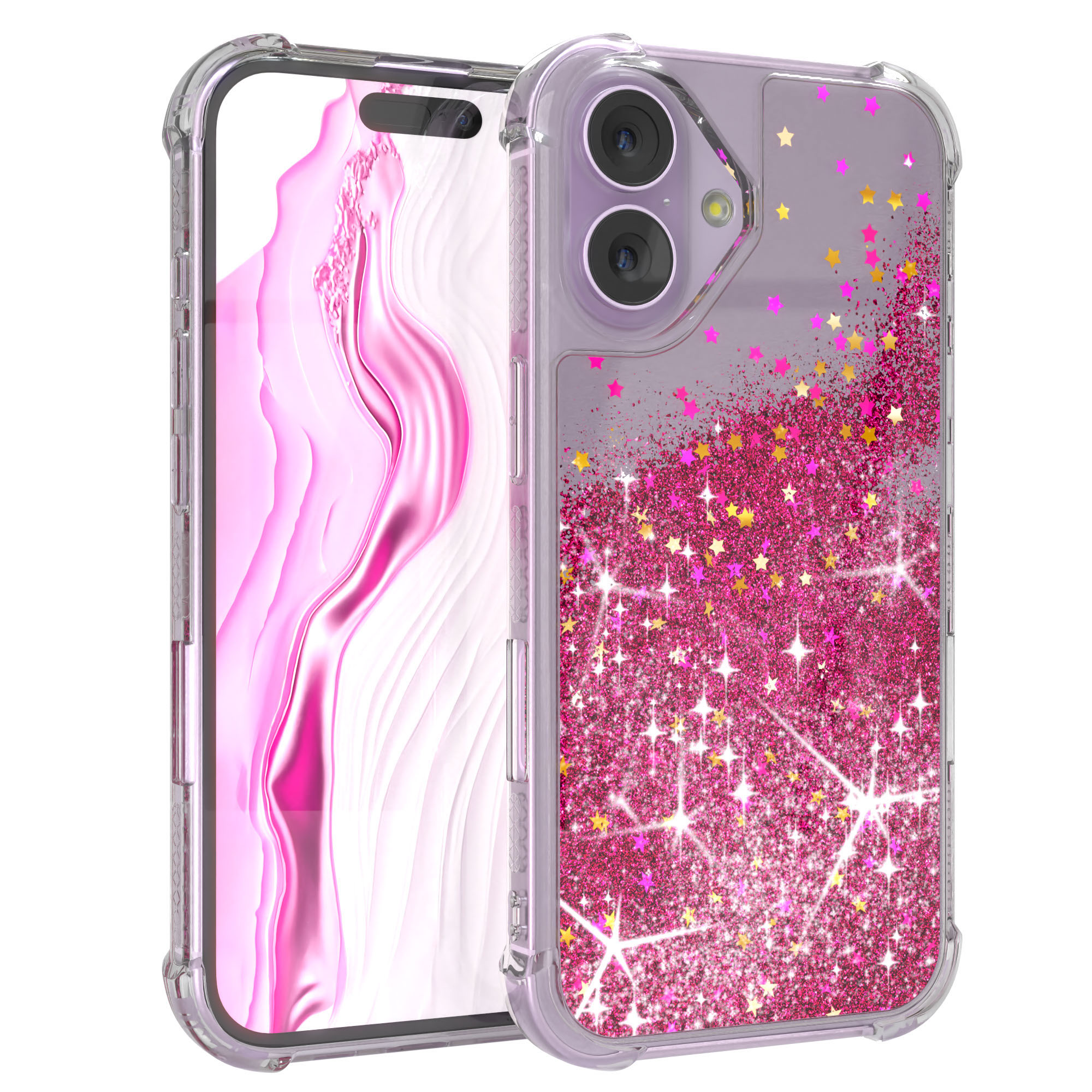 Transparente Handyhülle mit pinkem Glitzerdesign und pinkem Handybildschirm. Sterne sind auf der Hülle zu sehen.