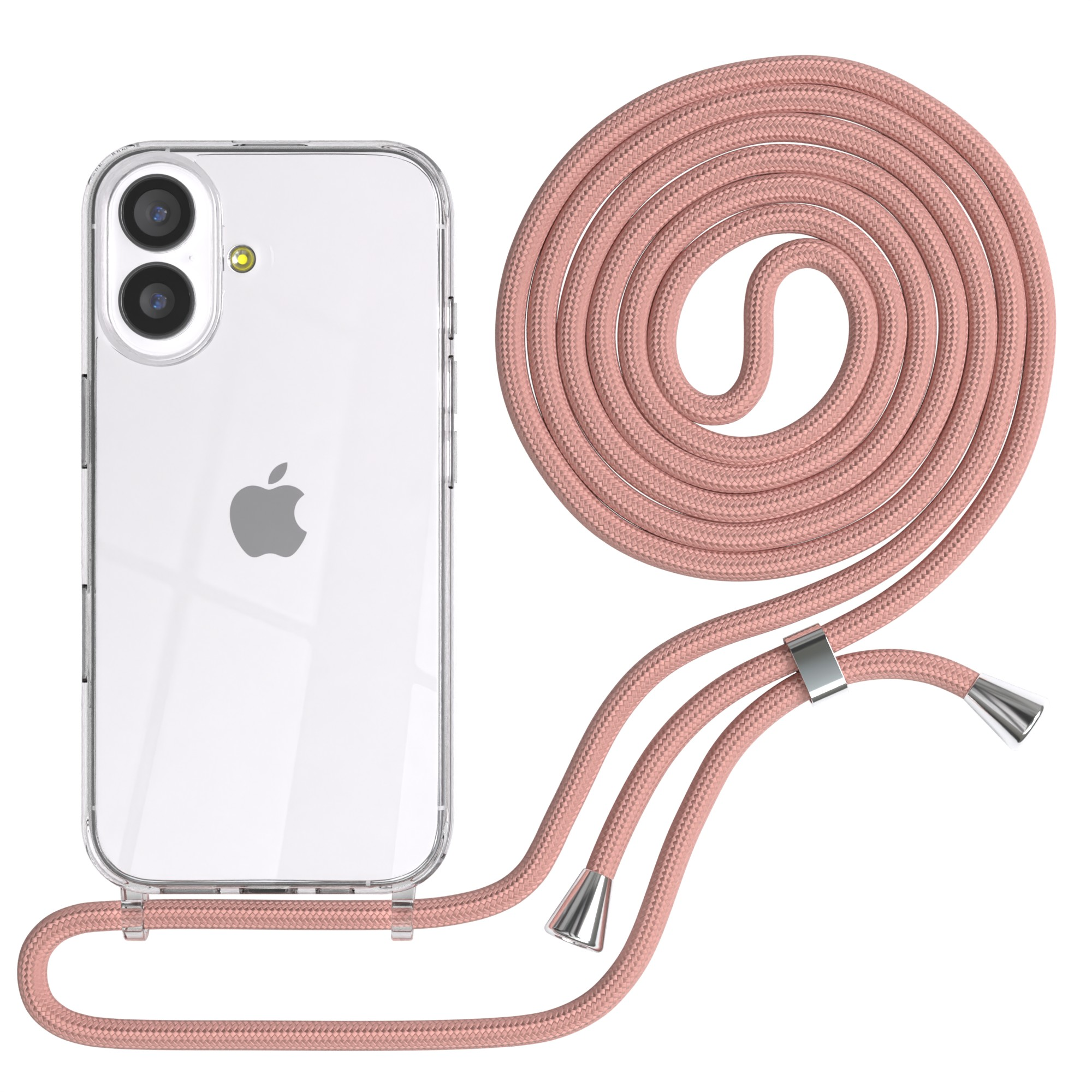 Transparente Handyhülle mit rosa Kordel. Die Kordel ist aufgerollt und hat silberne Beschläge. Apple-Logo sichtbar.