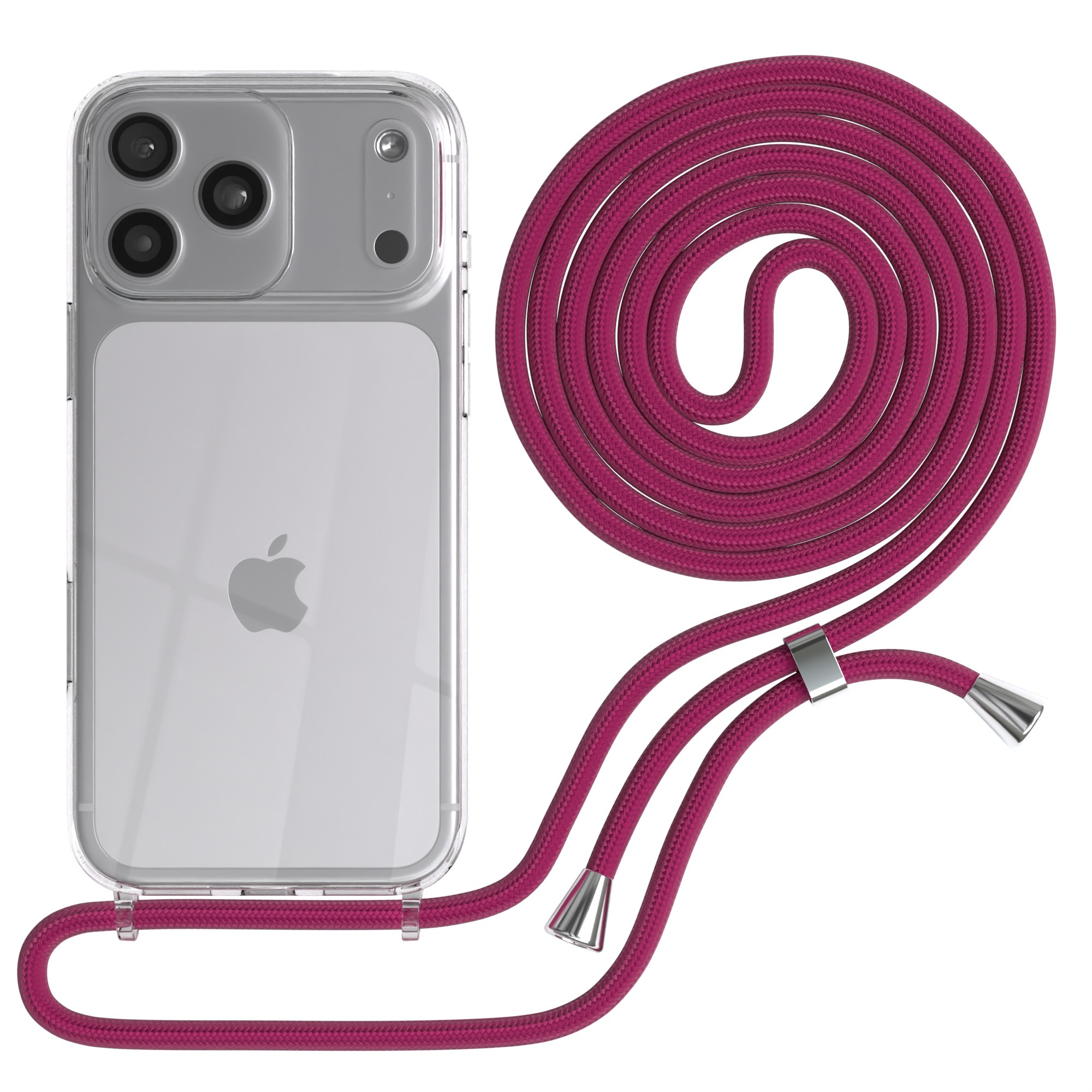 Eine durchsichtige Handyhülle mit pinkfarbenem Kabel. Das Kabel ist geschlungen. Das Telefon hat ein Apple-Logo.