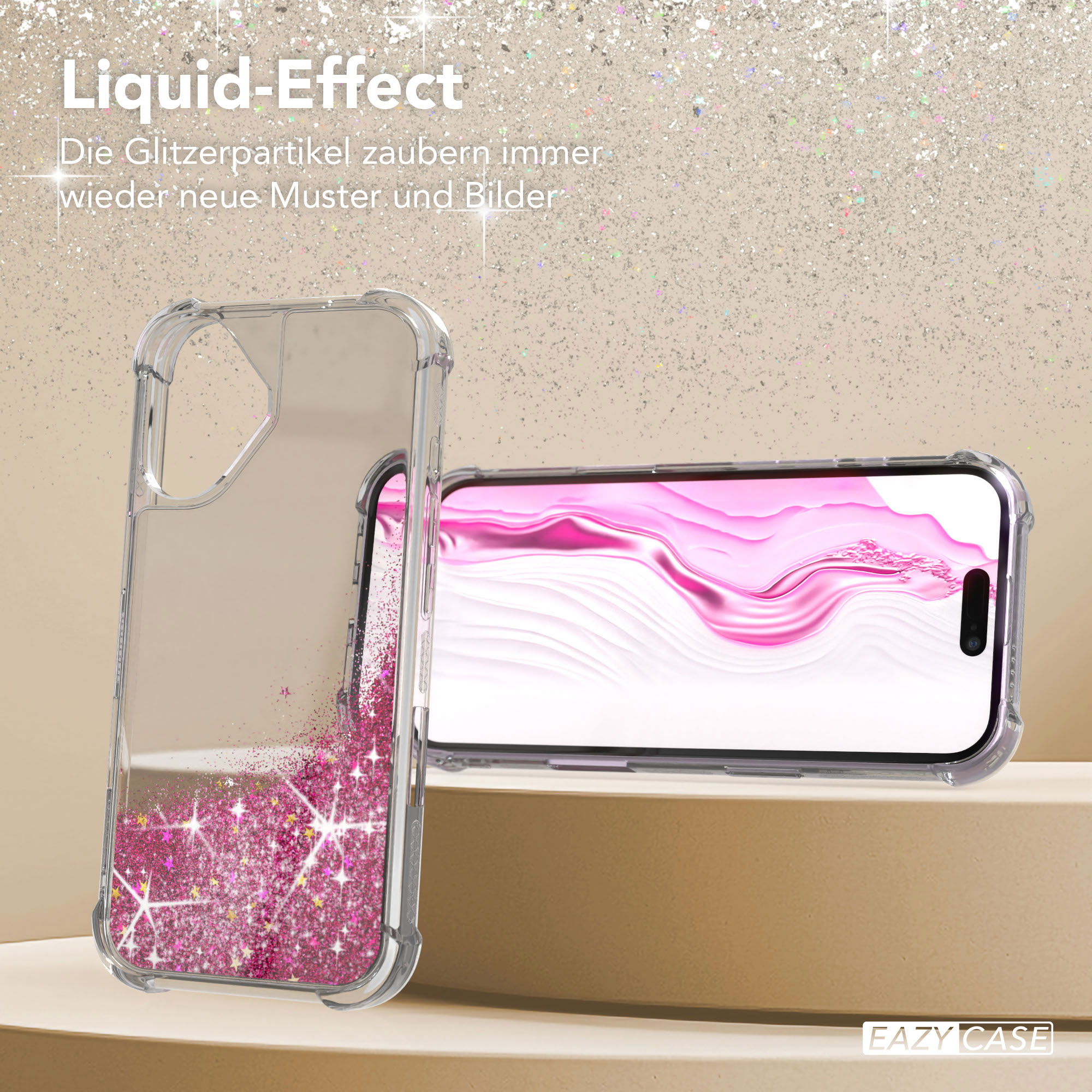 Transparente Handyhülle mit pinkfarbenem Glitzer, neben einem Telefon. Der Hintergrund ist glitzernd.
