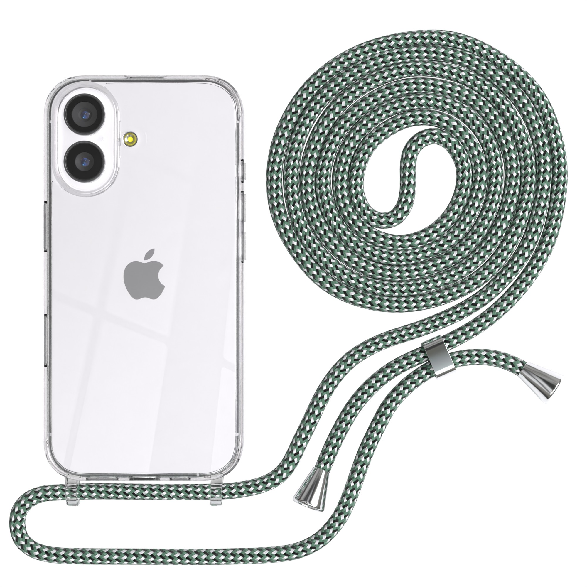 Eine transparente Handyhülle mit Apple-Logo, befestigt an einem grün, weiß und schwarz gemusterten Schlüsselband mit silberner Hardware.