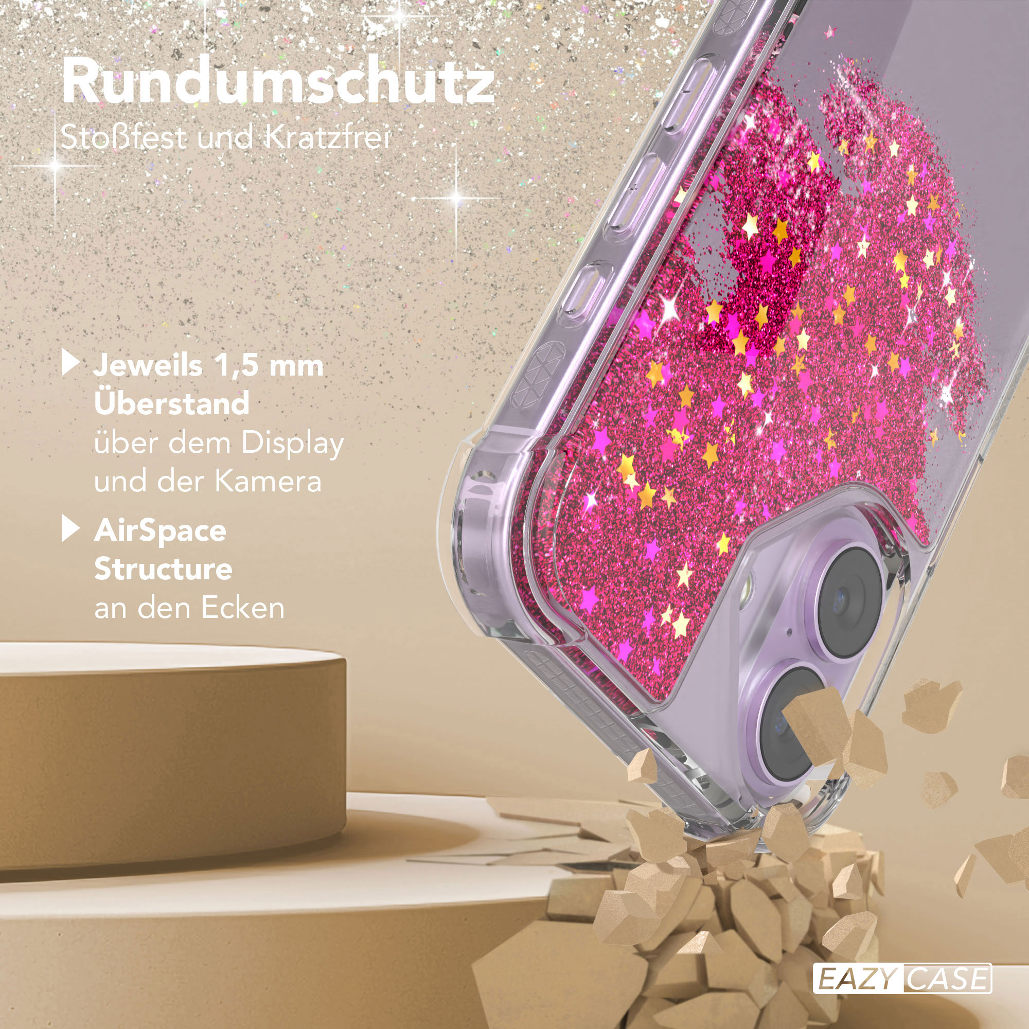 Handyhülle mit rosa Glitzer, Sternen und klaren Kanten. Das Telefon scheint zu fallen, mit zerbrochenen Teilen darum herum.