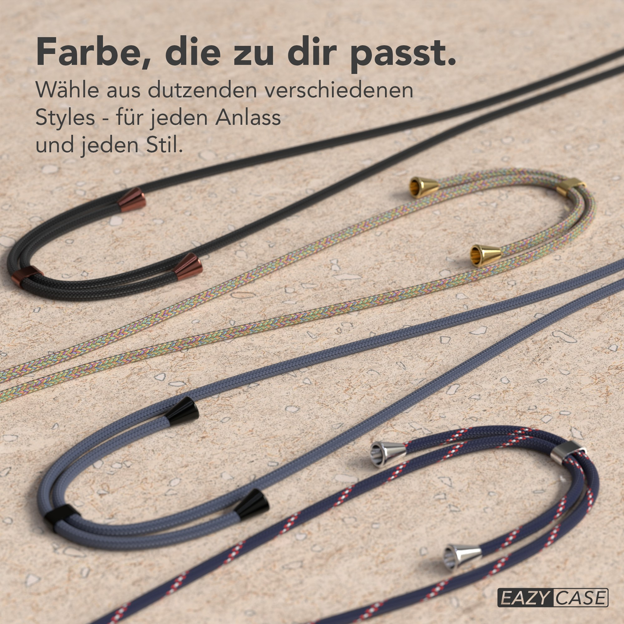 Das Bild zeigt Handylanyards mit verschiedenen Farben und Mustern. Text sagt: 'Farbe, die zu dir passt'.