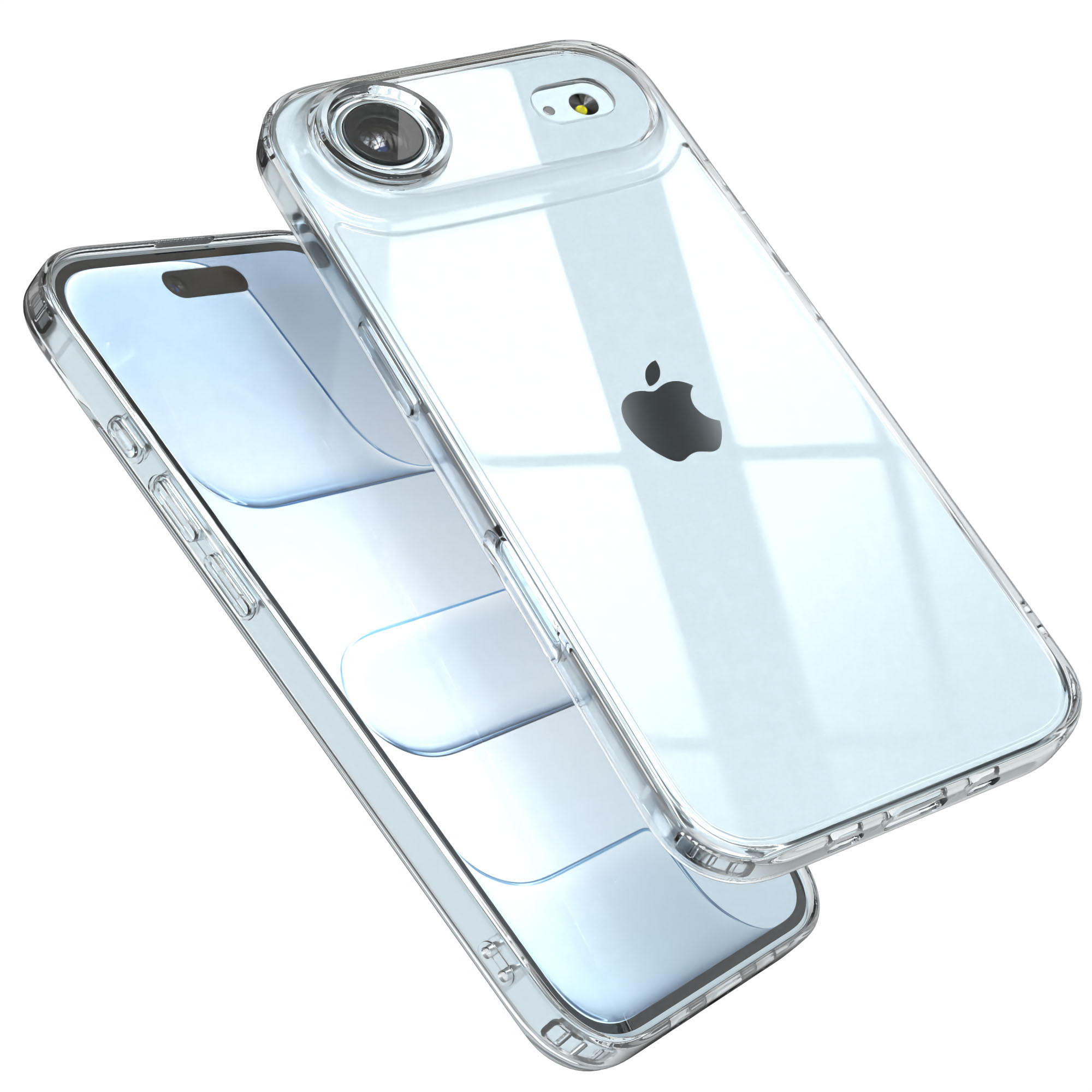 Zwei transparente Handyhüllen. Eine über der anderen, die Rückseite des iPhones mit dem Apple-Logo zeigend.