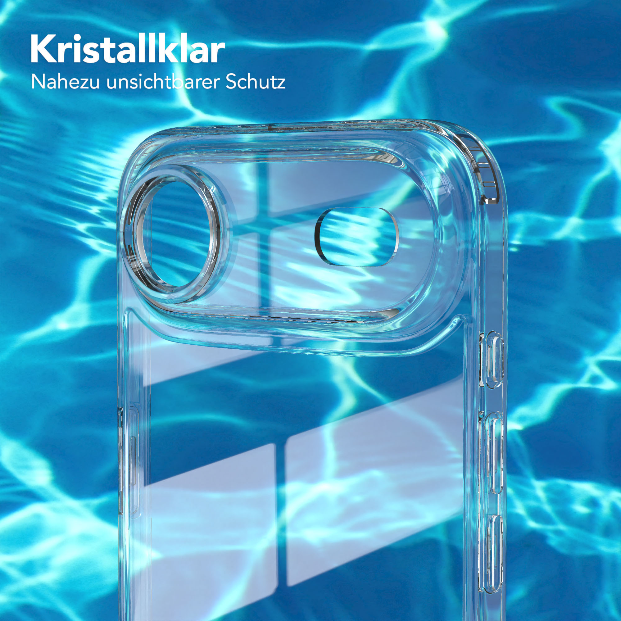 Transparente Handyhülle. Der Hintergrund ist Wasser mit Lichtreflexen. Text: 'Kristallklar' und 'Nahezu unsichtbarer Schutz'.