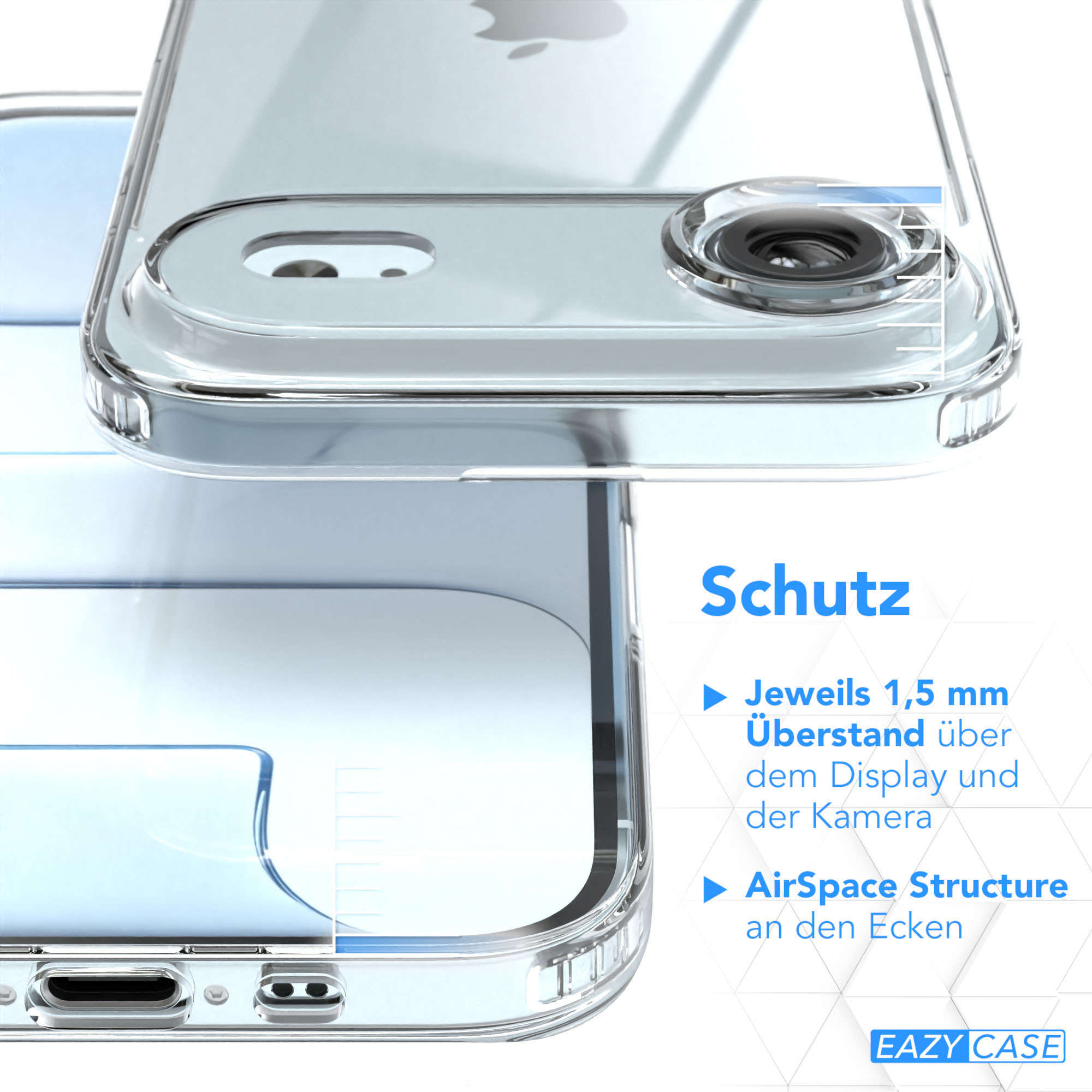 Transparente Handyhülle. Nahaufnahme zeigt Kameraausschnitt und Text: Schutz, 1,5 mm Überstand, AirSpace.