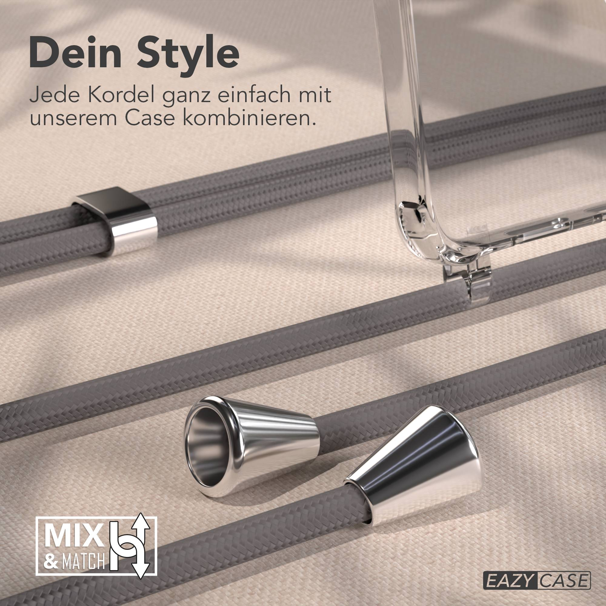 Das Bild zeigt graue Kordeln mit Metallkappen und eine transparente Hülle. Text sagt 'Dein Style' und 'Mix & Match'.