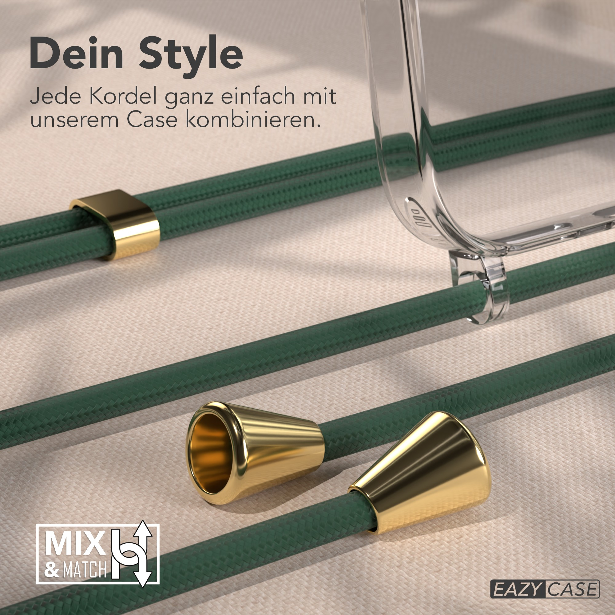 Grüne Kordeln mit goldenen Spitzen und Akzenten. Transparente Handyhülle. 'Mix & Match' Logo.