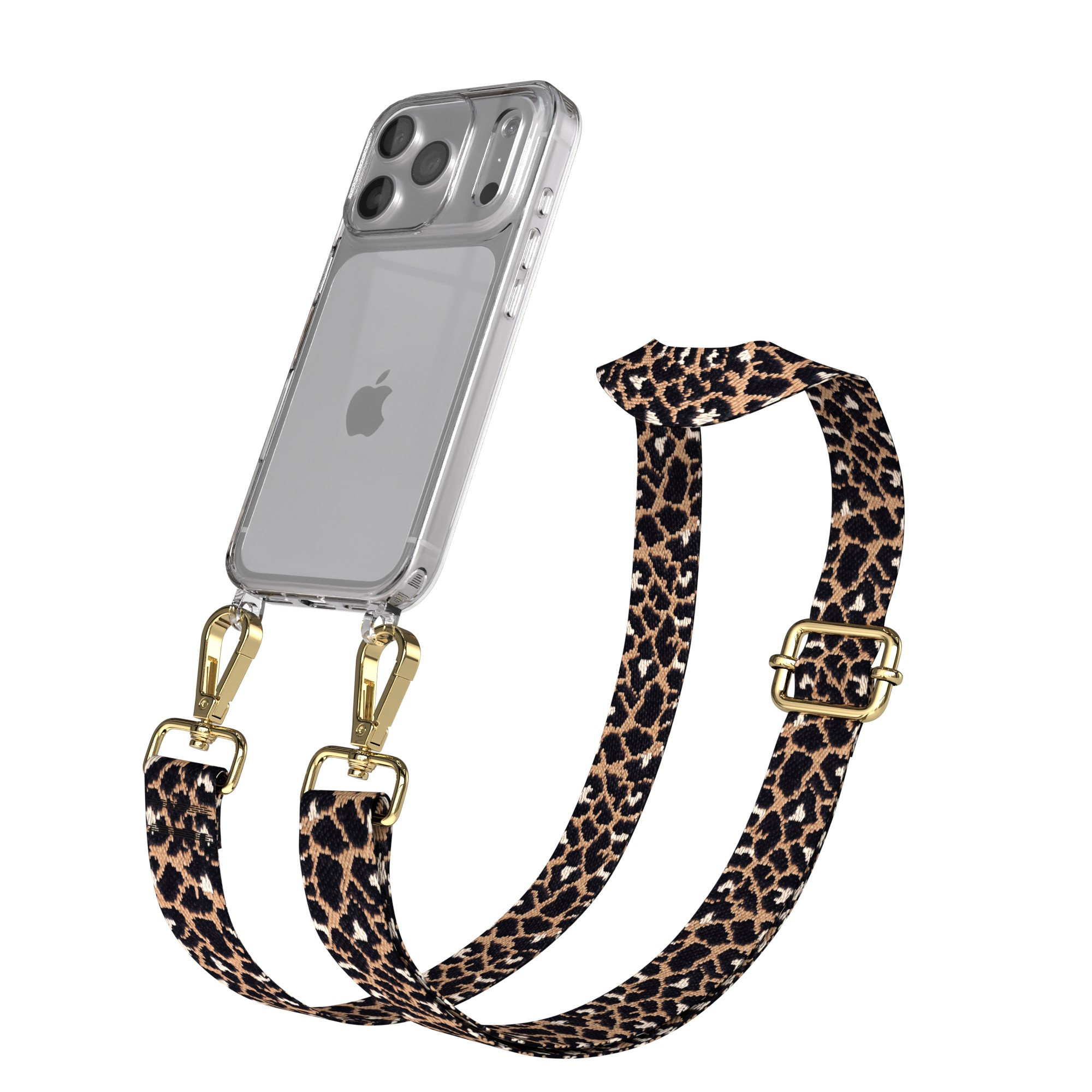 Transparente Handyhülle mit Leopardenmuster-Gurt, goldenen Verschlüssen und Schnalle. Das Telefon hat ein silbernes Apple-Logo.