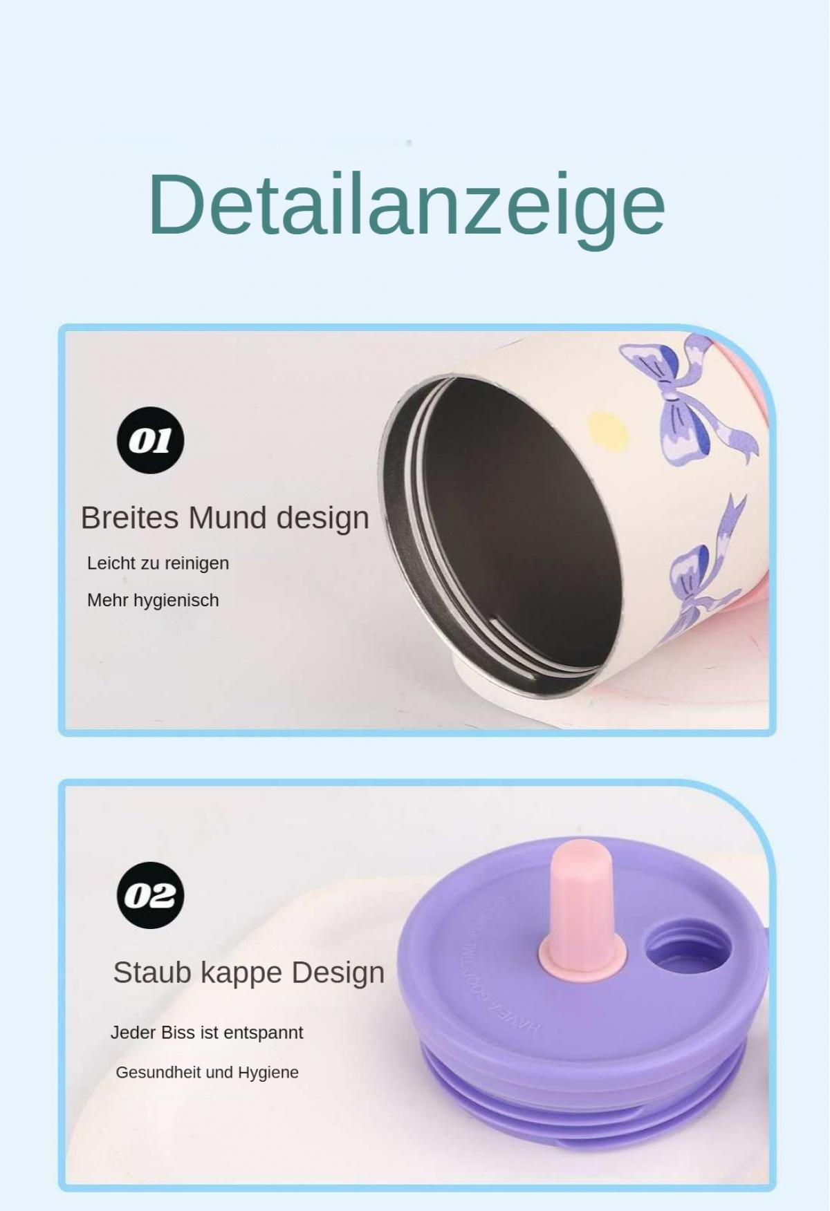 Das Bild zeigt Details eines Bechers, einschließlich des Designs mit breitem Mund und Staubkappe. Er ist weiß mit blauen Schleifen.