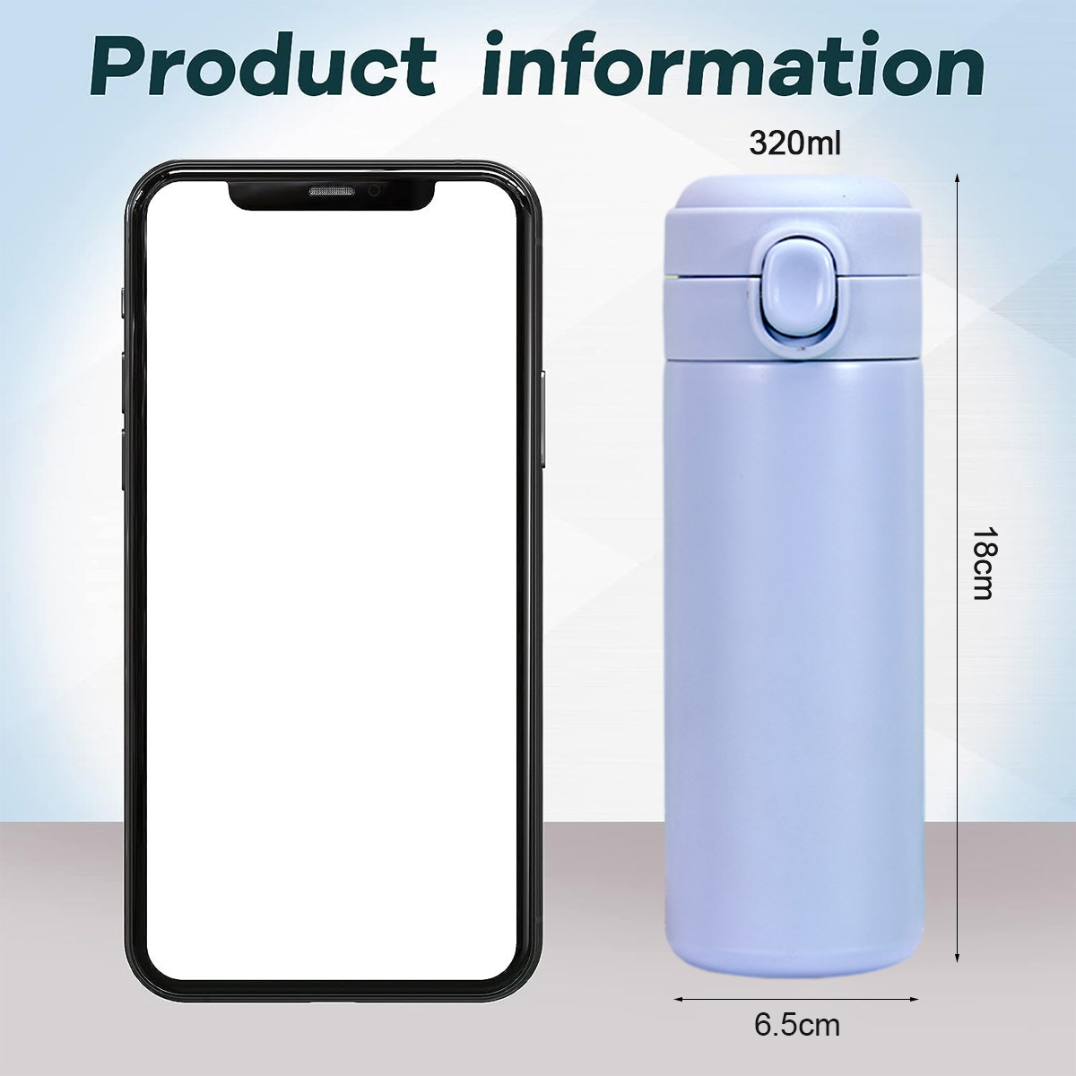 Das Bild zeigt ein Telefon und eine hellblaue Thermoskanne. Die Abmessungen der Thermoskanne werden angezeigt. Produktinformationen stehen oben im Bild.