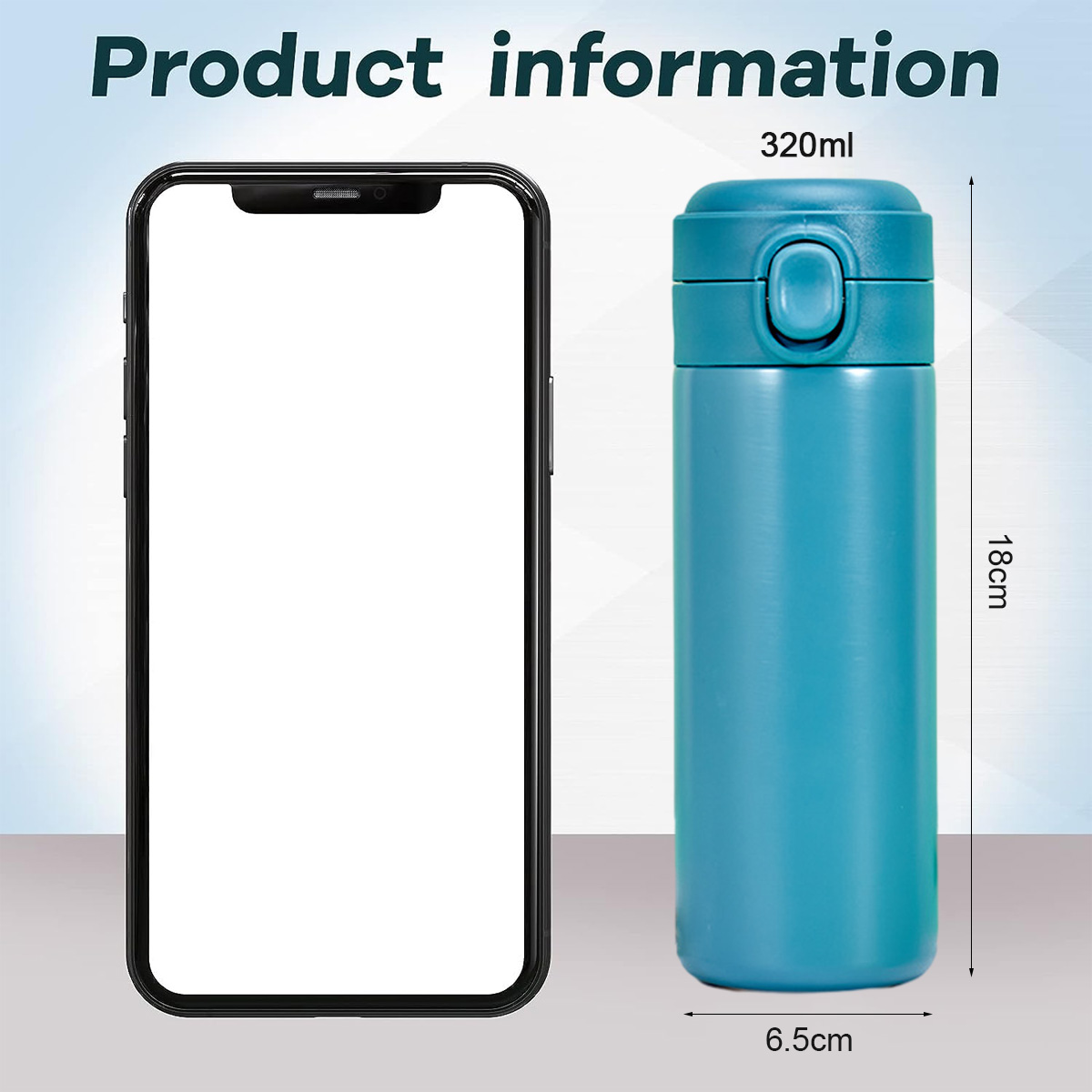 Eine türkisfarbene Thermoskanne neben einem leeren Smartphone. Abmessungen: 18 cm Höhe und 6,5 cm Breite. Die Thermoskanne fasst 320 ml.